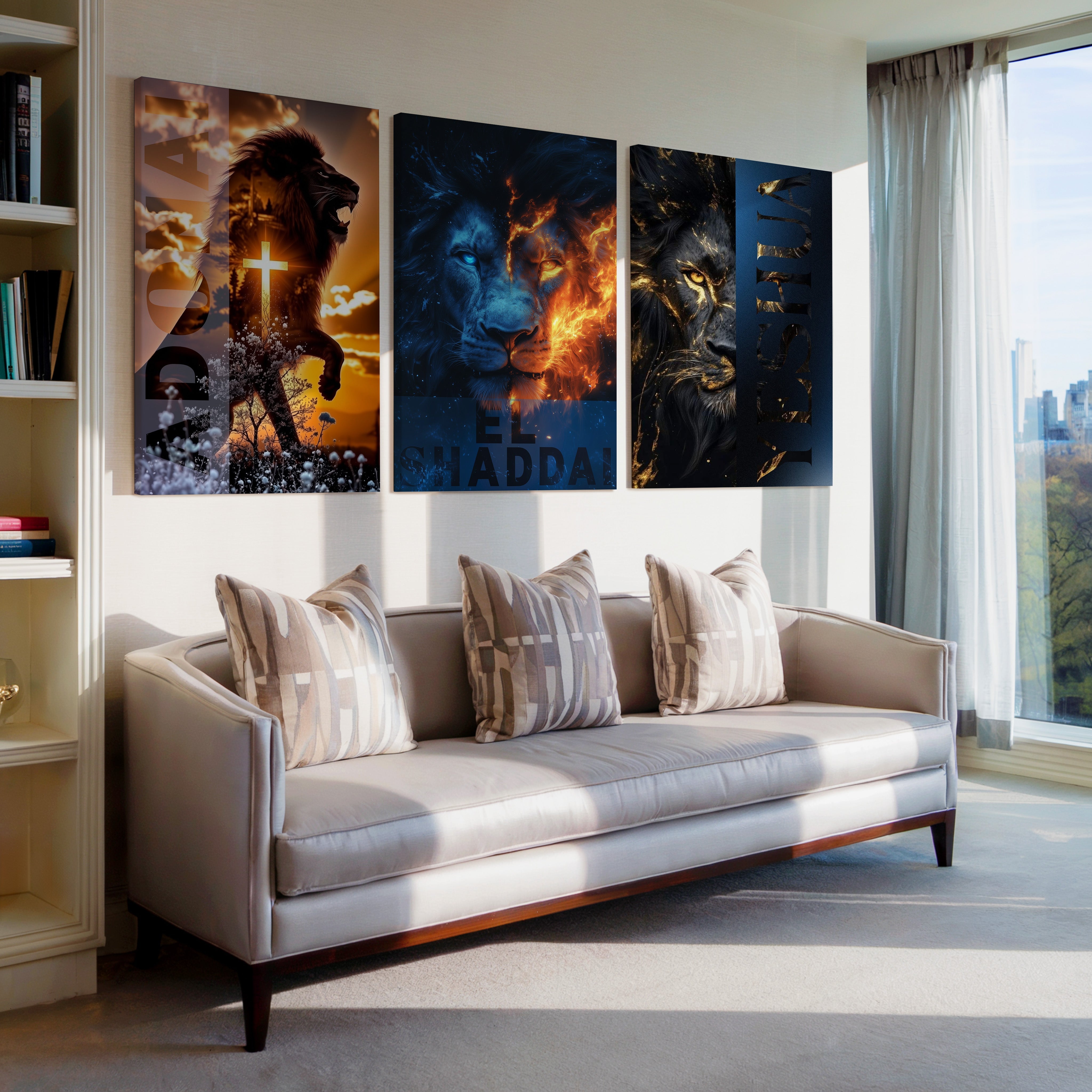 Kolekcia Levy viery s majestátnymi obrazmi leva a biblickými symbols, ktoré vyjadrujú moc a duchovnú autoritu.