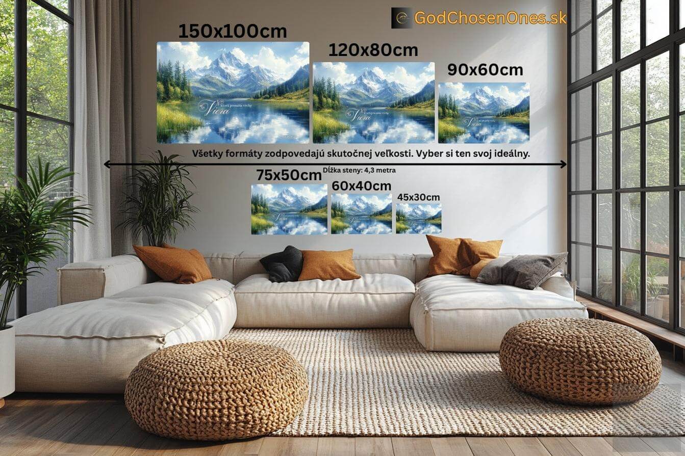 Kresťanský obraz s nádherným východom slnka a horami – Matúš 17:20 – duchovný obraz na stenu o viere