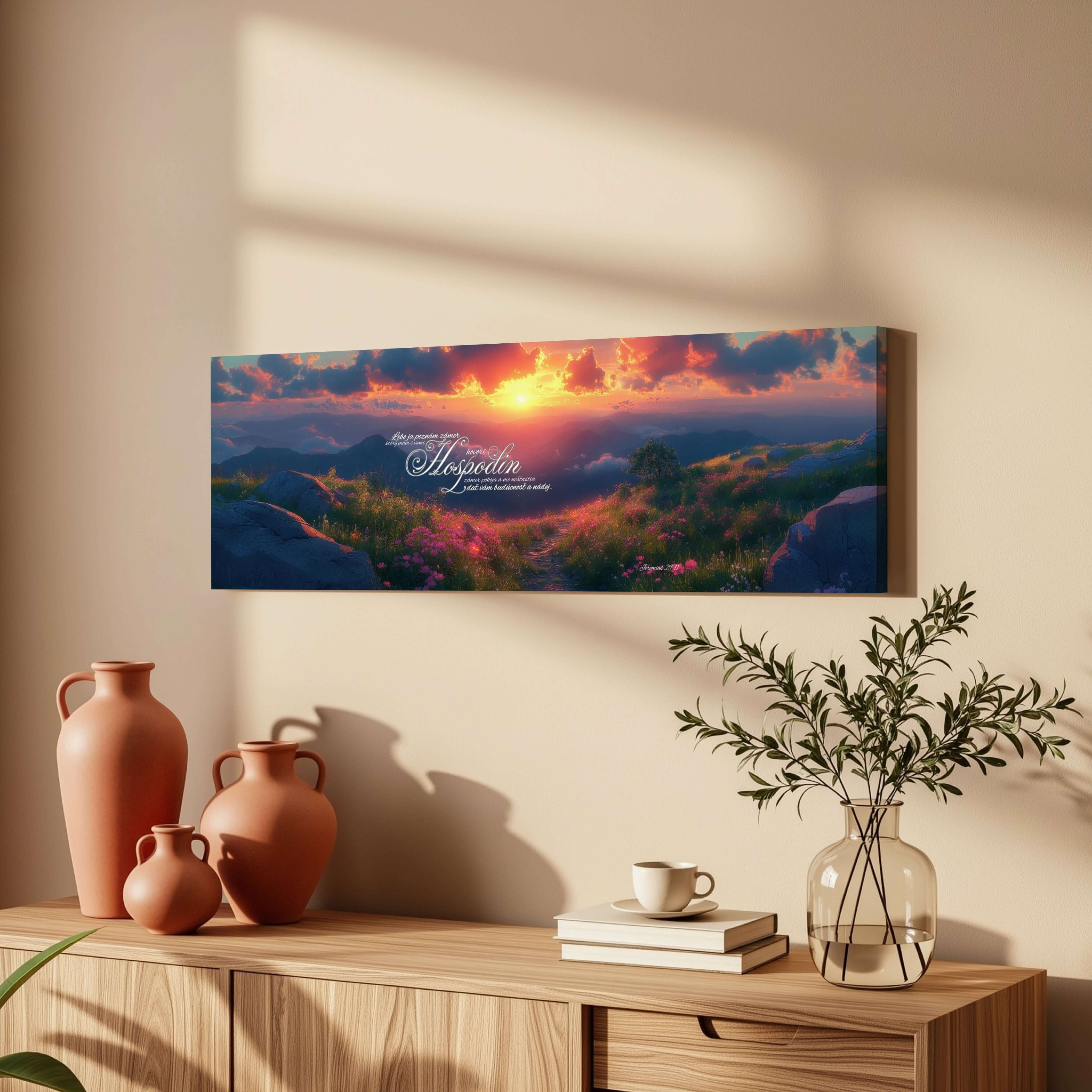 Obraz na stenu s nádherným výhľadom na západ slnka a krajinou, dekorácia pre interiér.