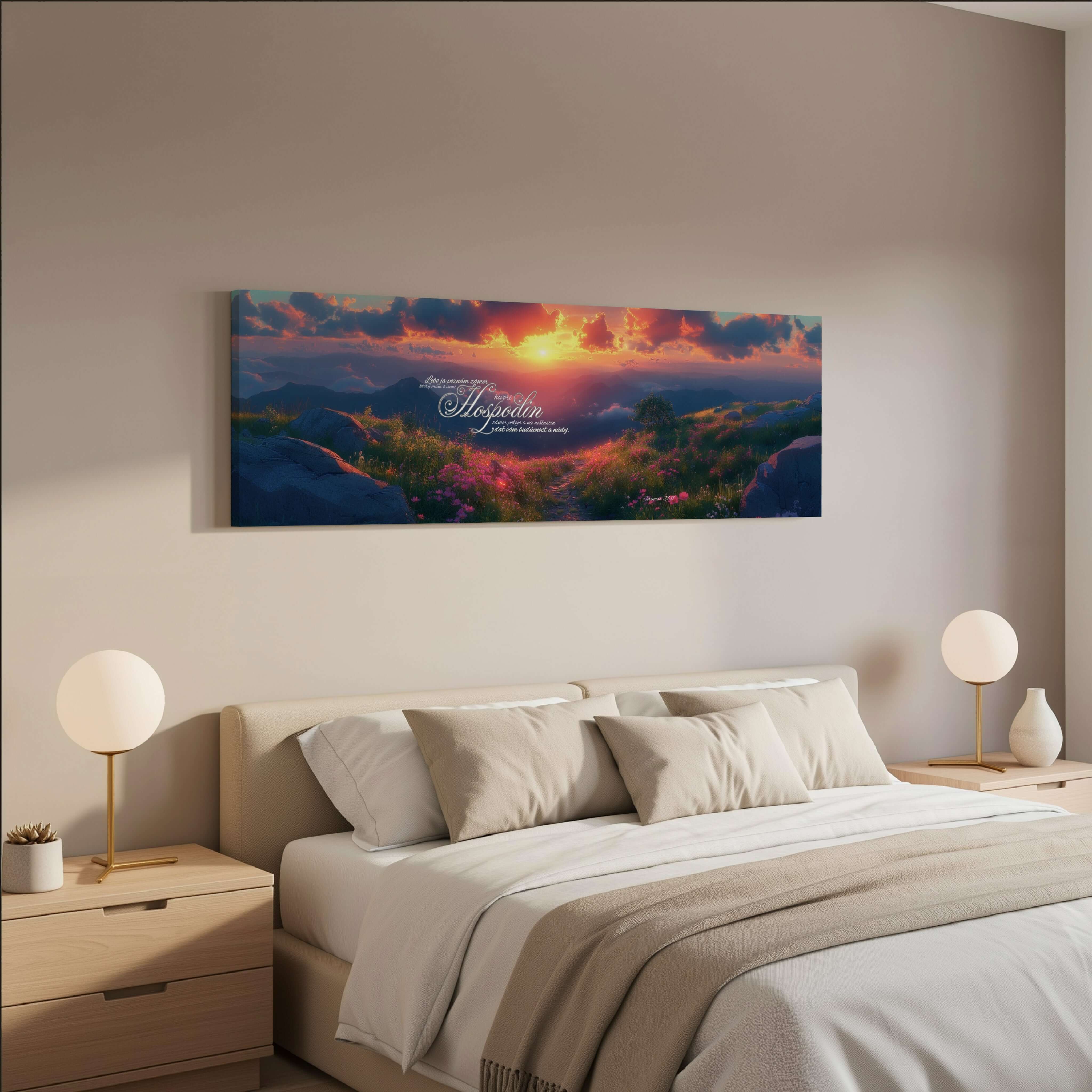 Obraz na stenu - Jeremiáš 29:11 umiestnený nad manželskou posteľou v moderne zariadenej spálni.