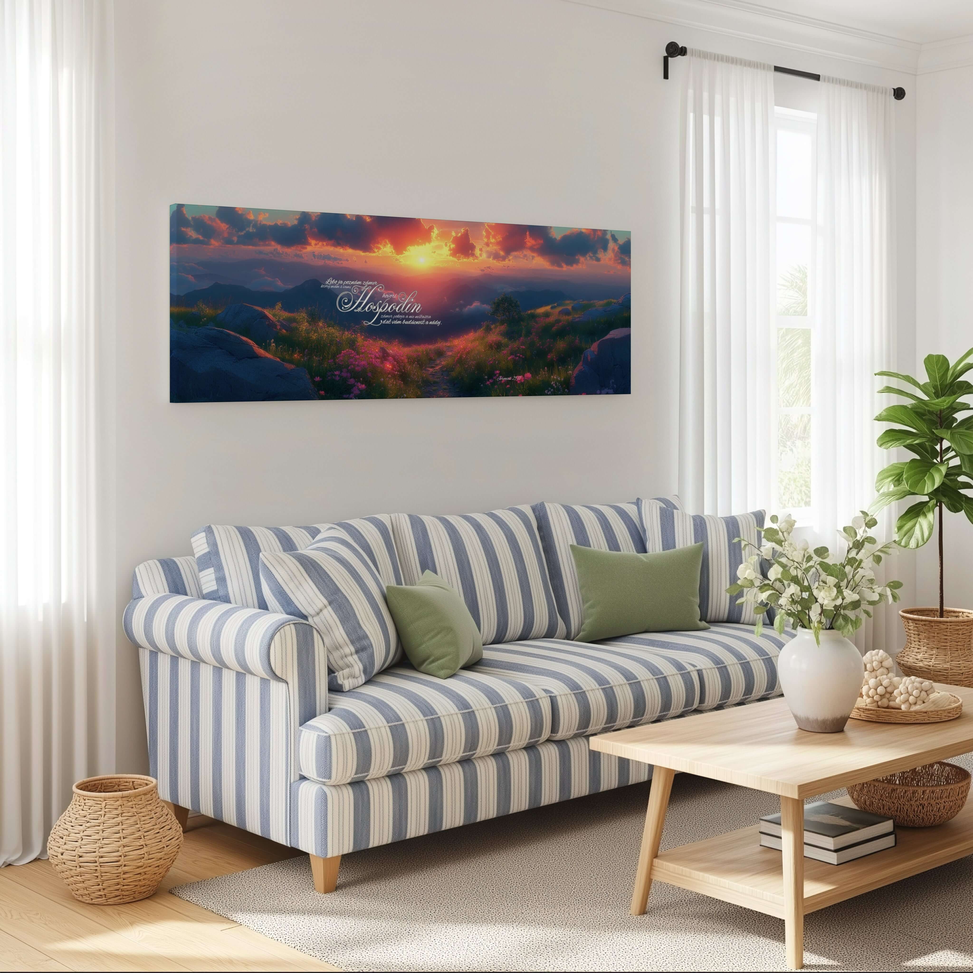 Obraz na stenu - Jeremiáš 29:11, elegantné prevedenie v obývacej izbe s pohovkou a dekoráciami.