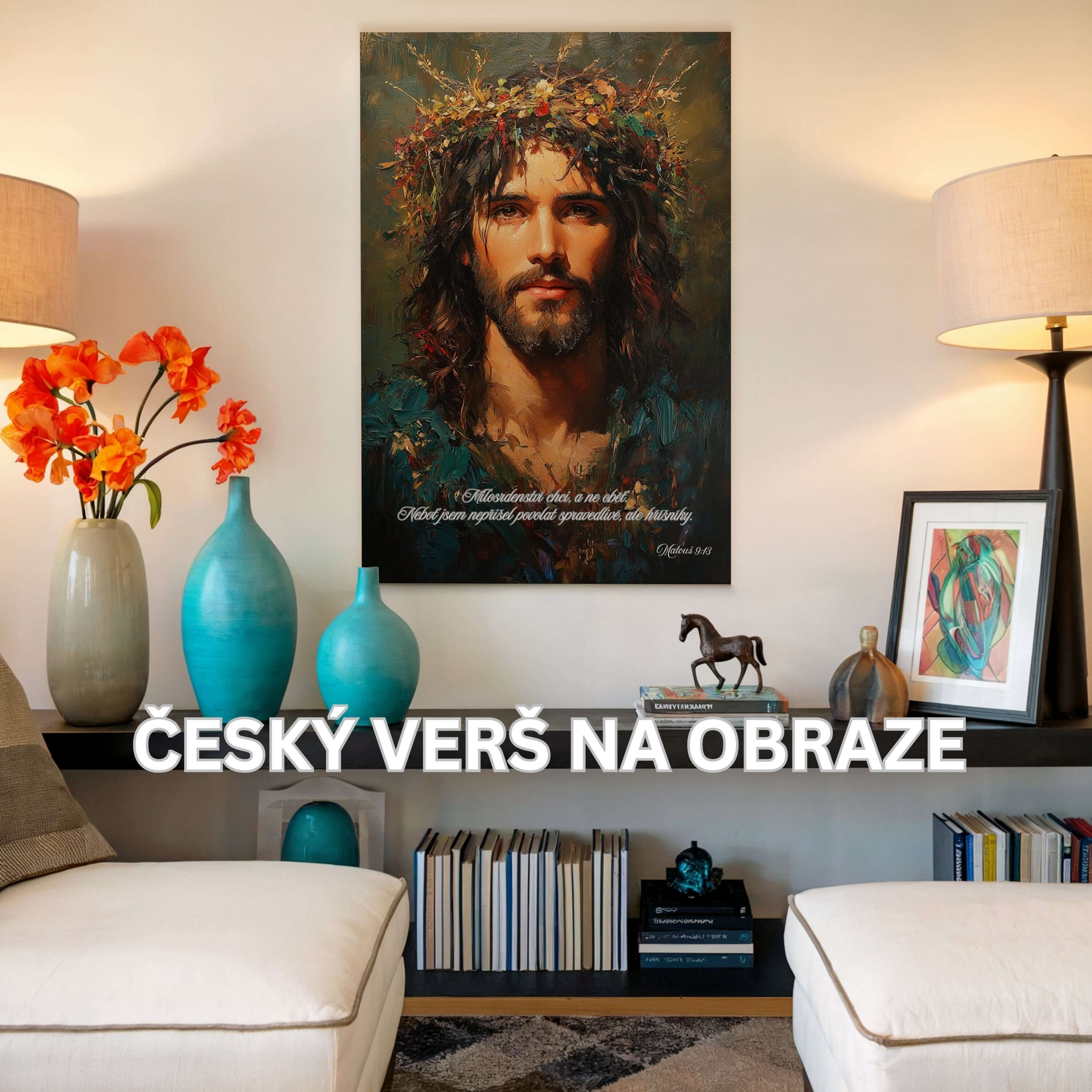 Obraz na stenu s vyobrazením Ježiša a českým veršom na stene v útulnom interiéri.
