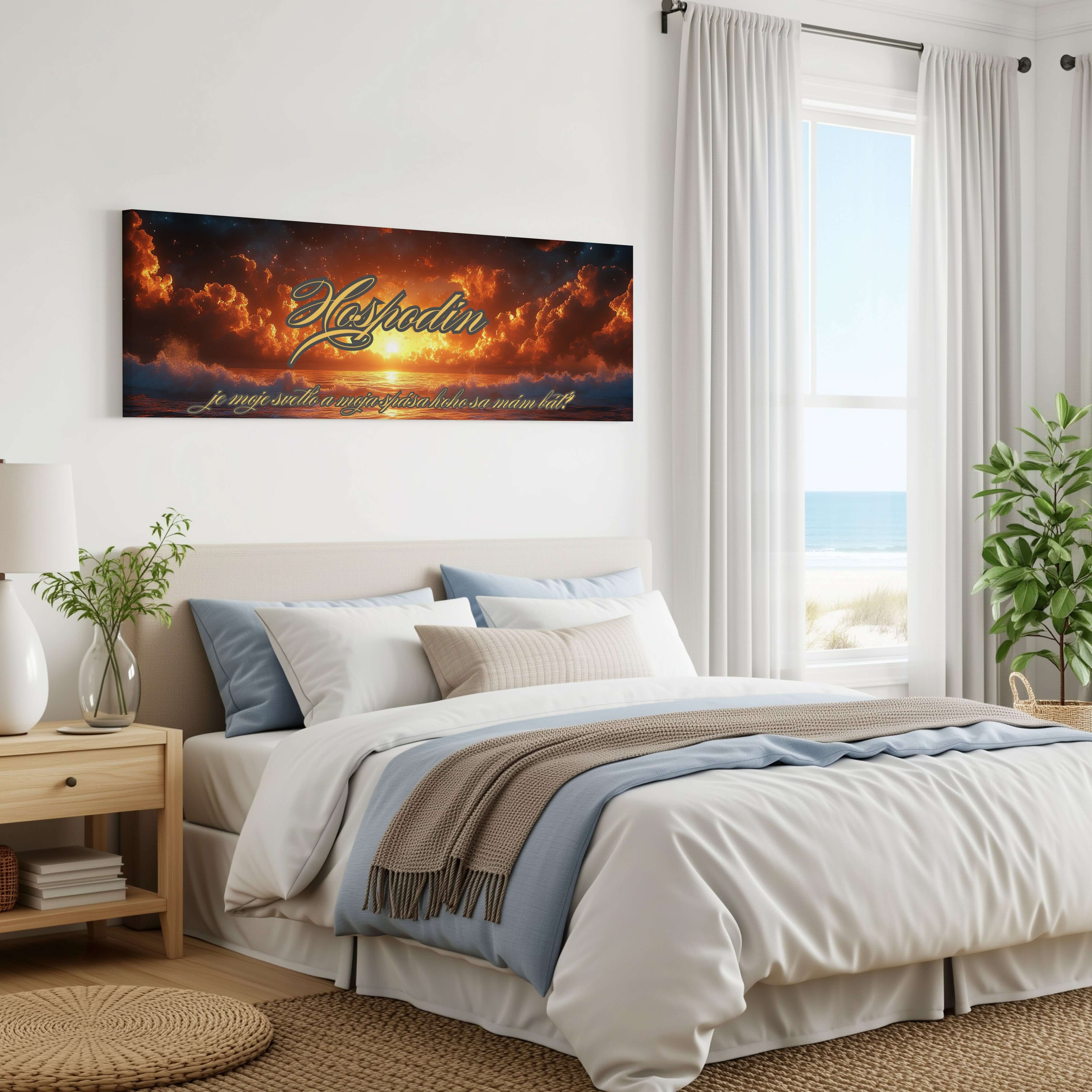 Obraz na stenu - Žalm 27:1 s krásnym zobrazením modrého neba a slnka v útulnej spálni.