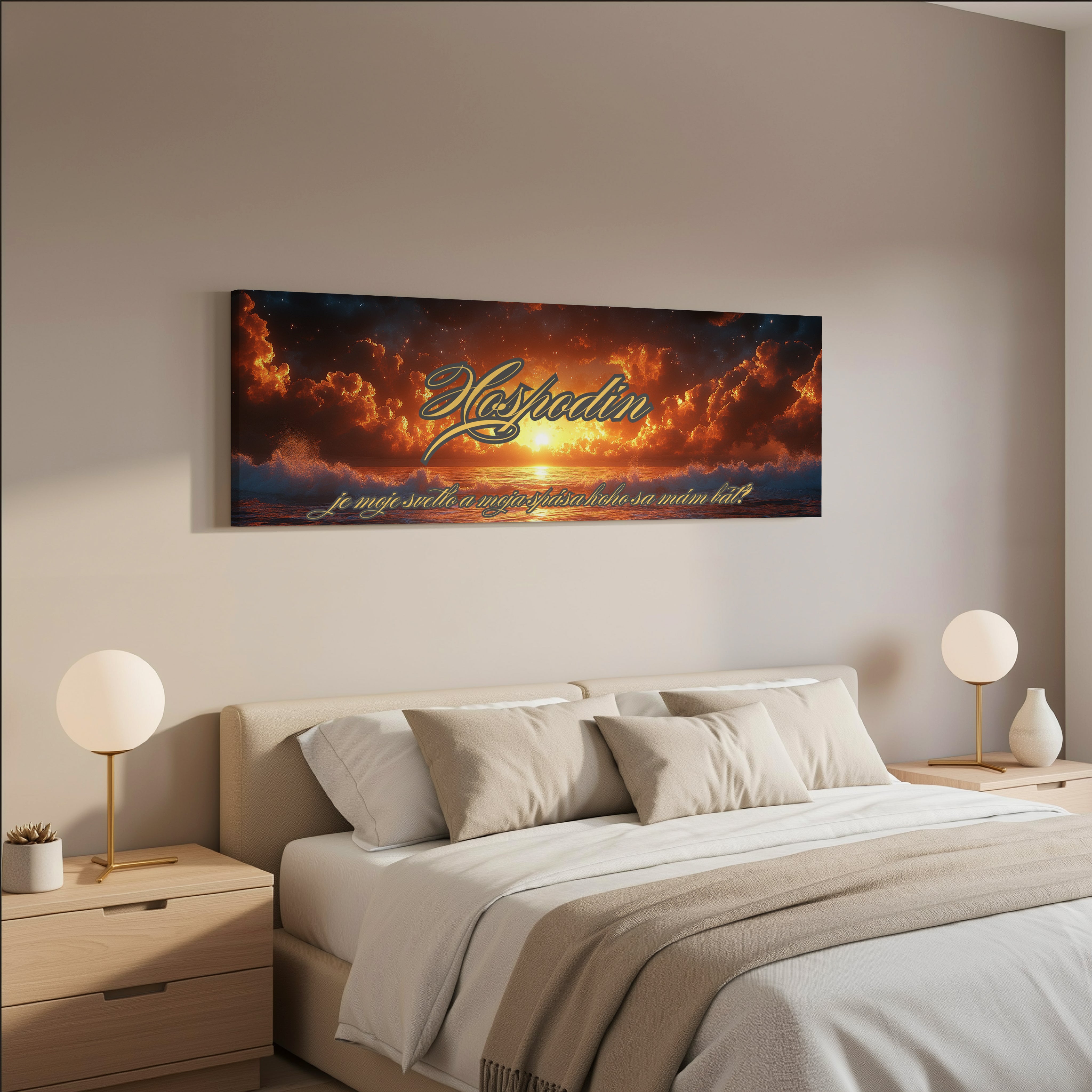 Obraz na stenu s textom „Hospodin je moje svetlo a moja spása, koho sa mám báť?“ v modernom interiéri.