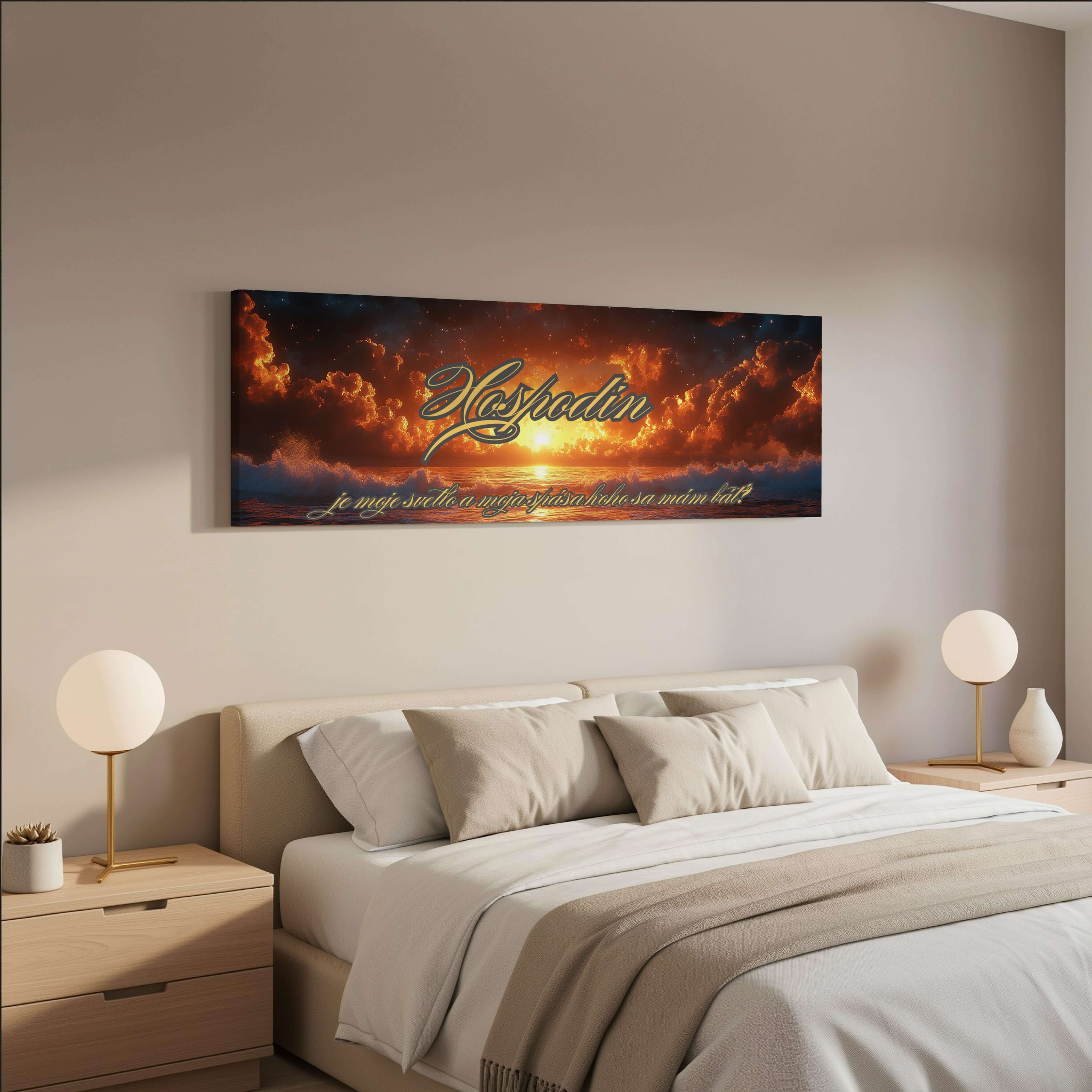Obraz na stenu s textom „Hospodin je moje svetlo a moja spása, koho sa mám báť?“ v modernom interiéri.
