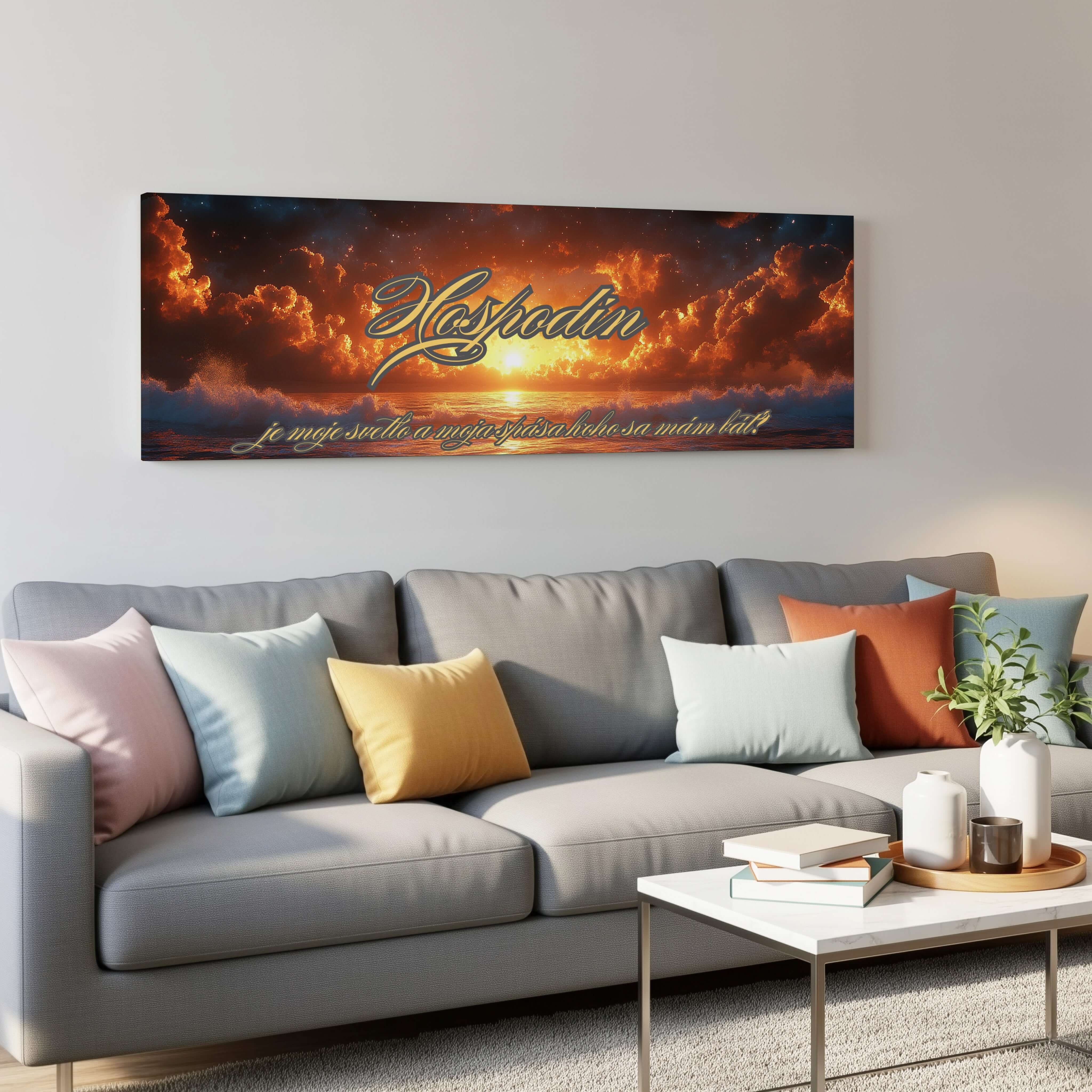 Obraz na stenu s textom 'Hospodin je moje svetlo' v interiéri obývačky