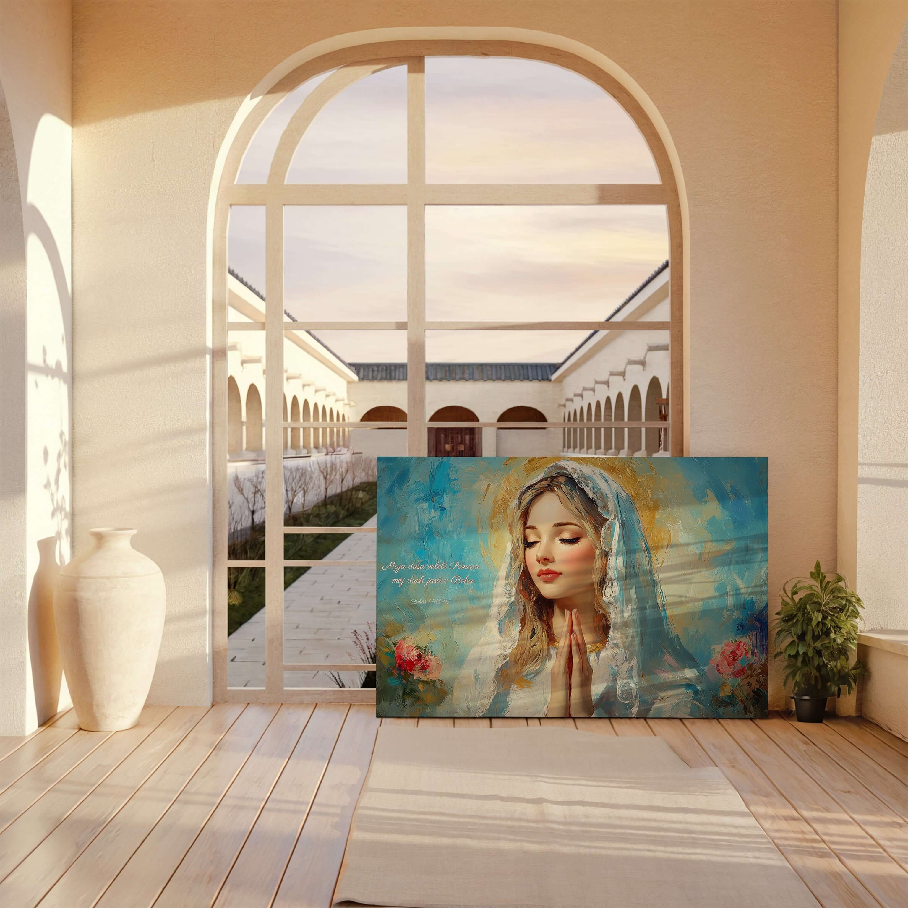 Obraz na stenu - Moja duša velebí Pána - Lukáš 1:46–47 v duchovnej atmosfére.