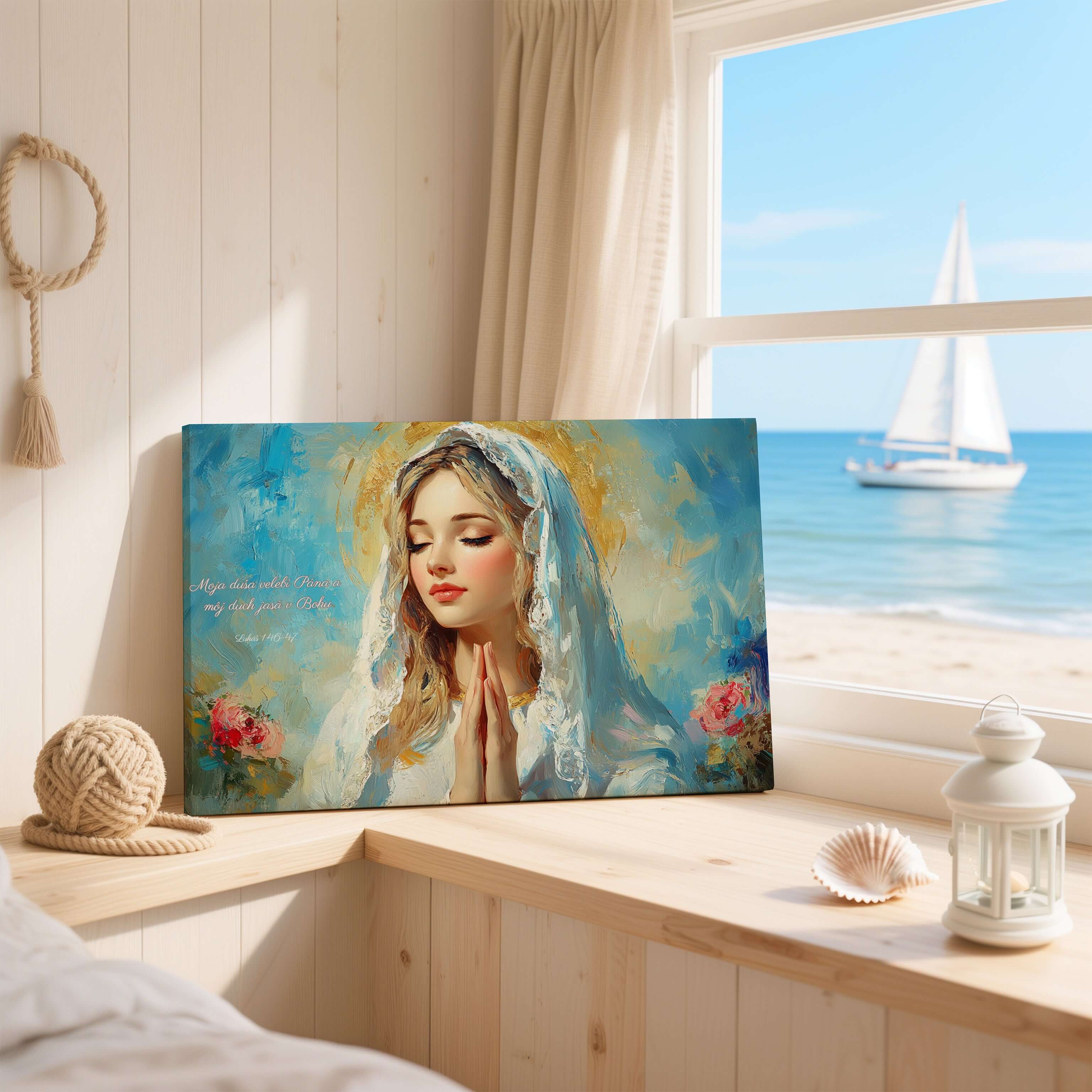 Obraz na stenu - maľba Márie s modlitbou a morským výhľadom, reprezentujúca duchovný pokoj.