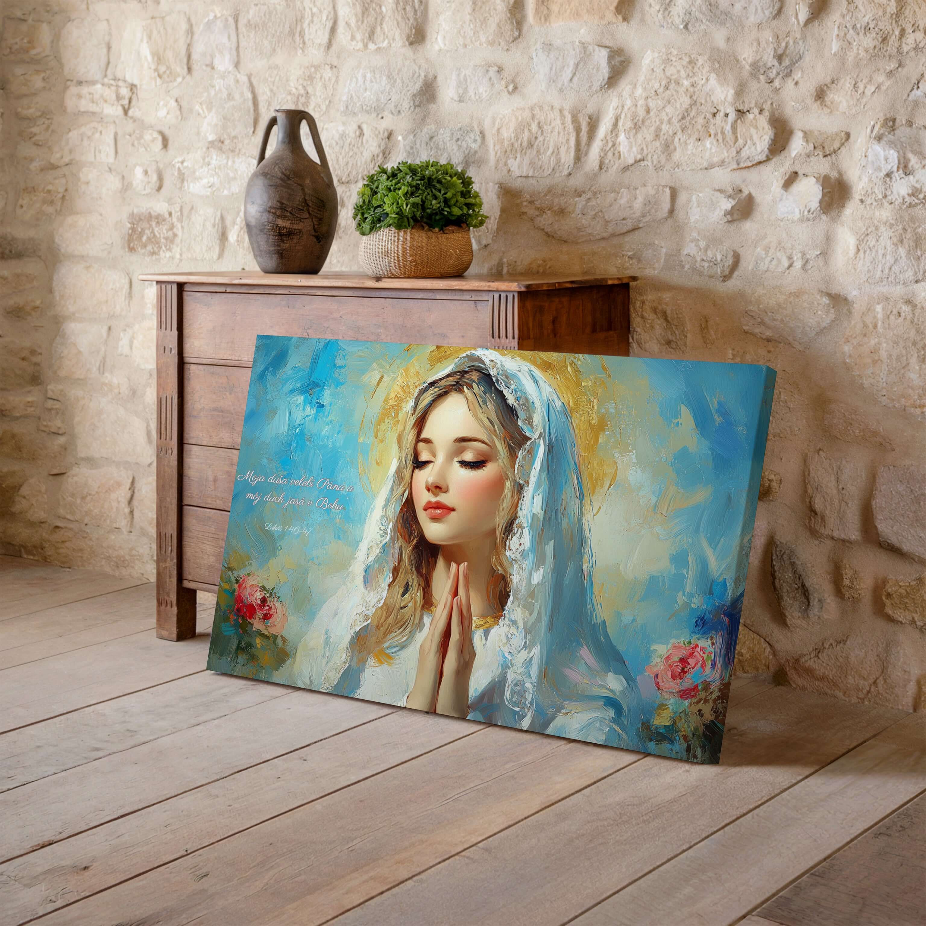Obraz na stenu - Moja duša velebí Pána - Lukáš 1:46–47, modlitba Máriu s láskyplným pohľadom.