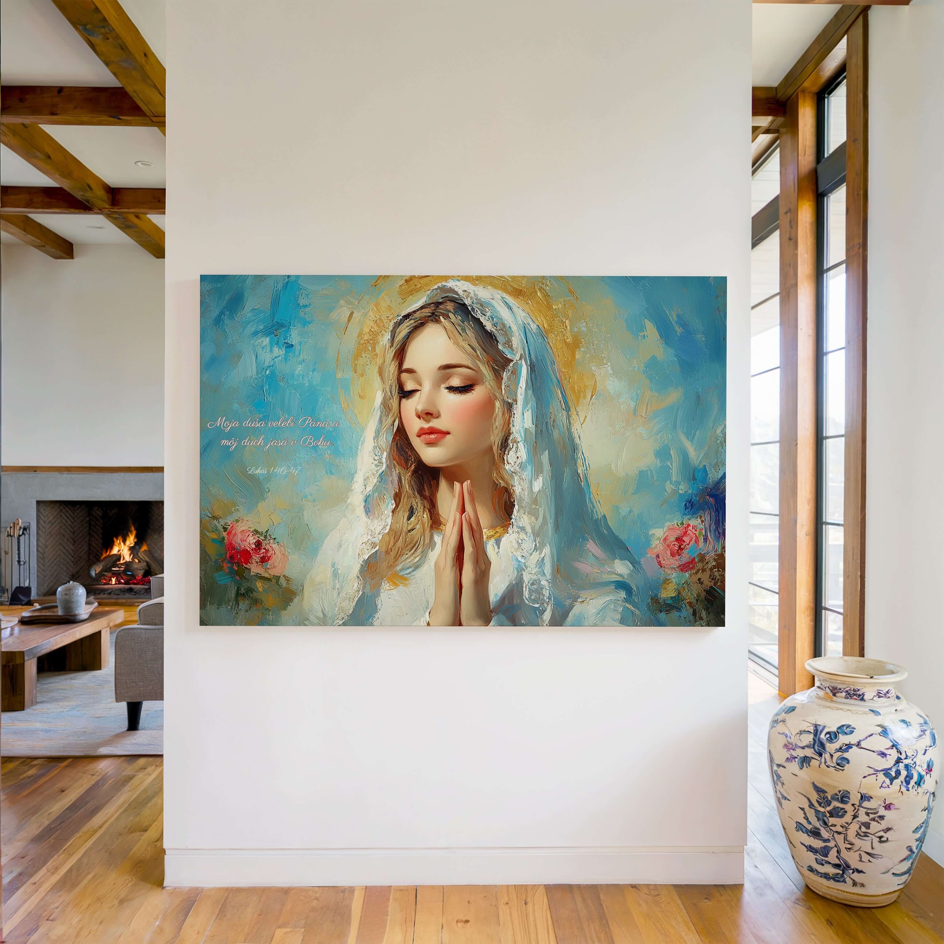 Obraz na stenu - Moja duša velebí Pána zobrazuje Máriu modliacu sa s láskou na stene interiéru.