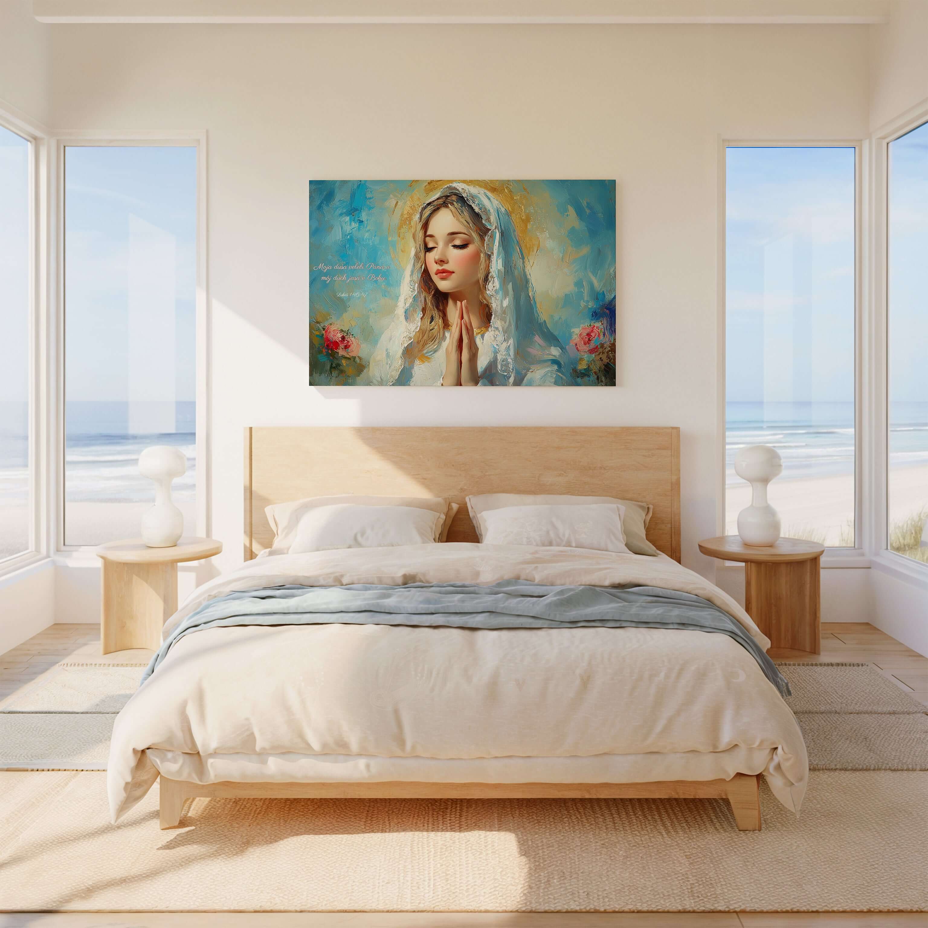 Obraz na stenu - Moja duša velebí Pána - Lukáš 1:46–47, Mária v modlitbe, svetlá izba s výhľadom na more.