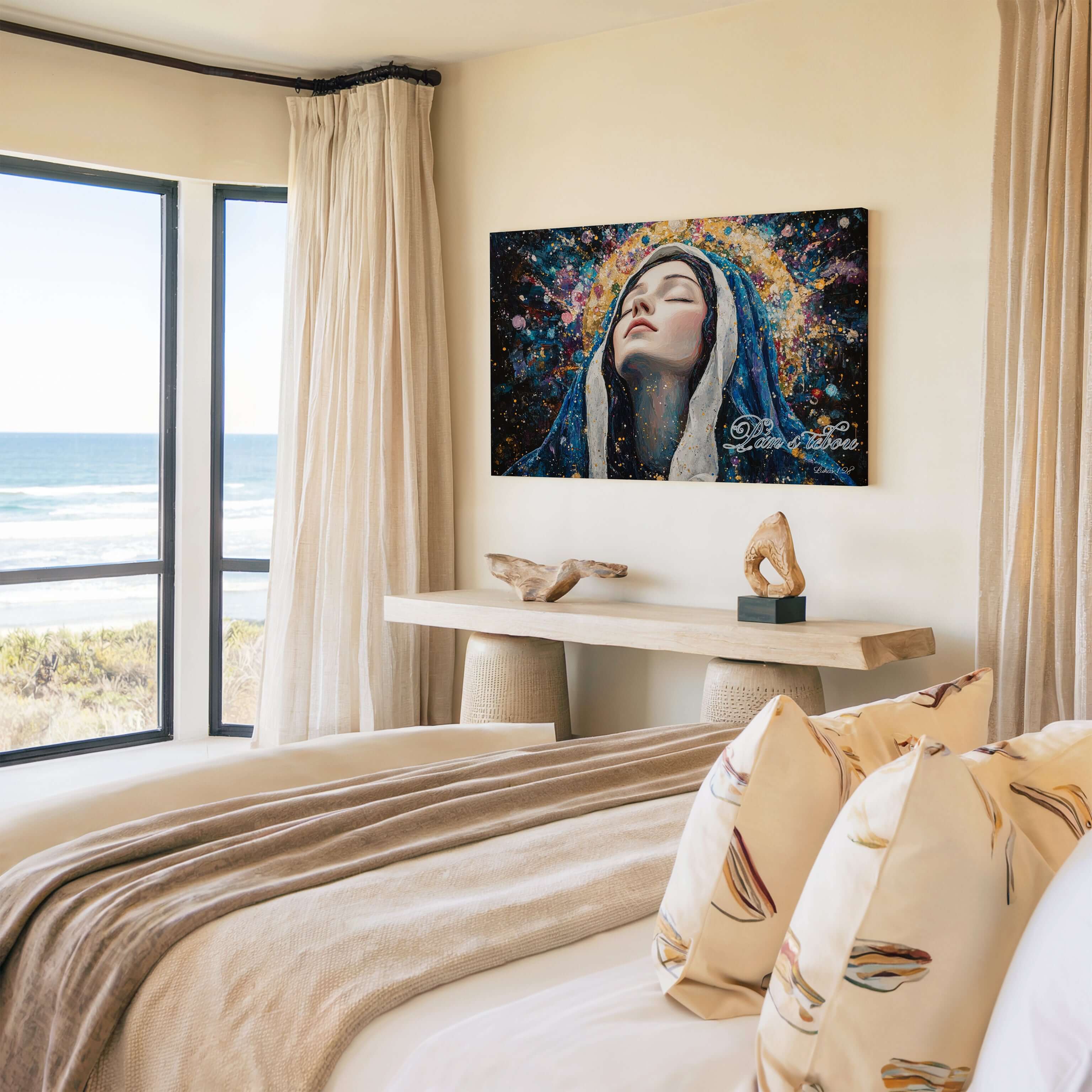 Obraz na stenu - Pán s tebou umiestnený v moderne zariadenom spálni s výhľadom na more.
