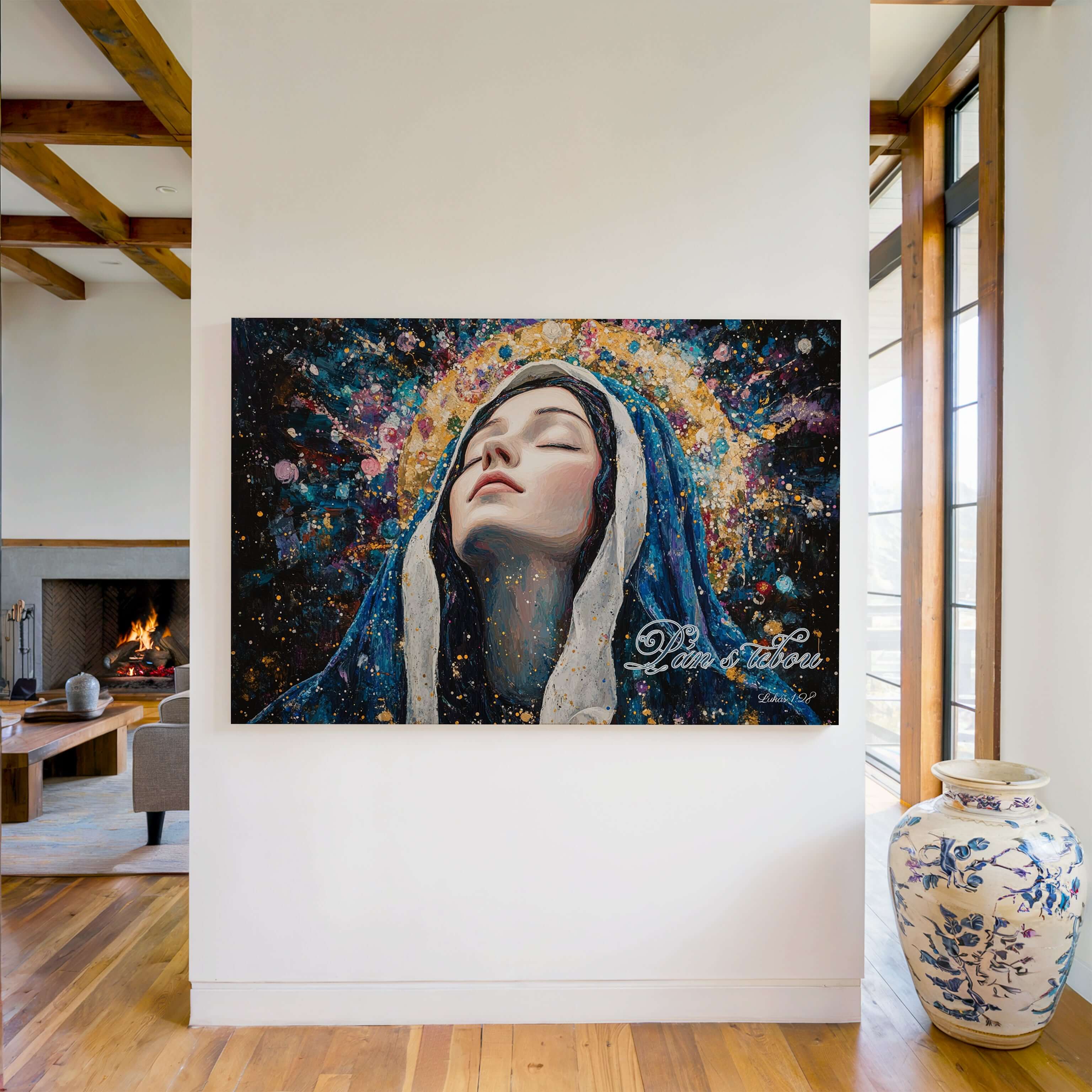 Obraz na stenu - Pán s tebou - Lukáš 1:28 vyobrazuje Máriu v meditatívnej póze s modrou kápou.