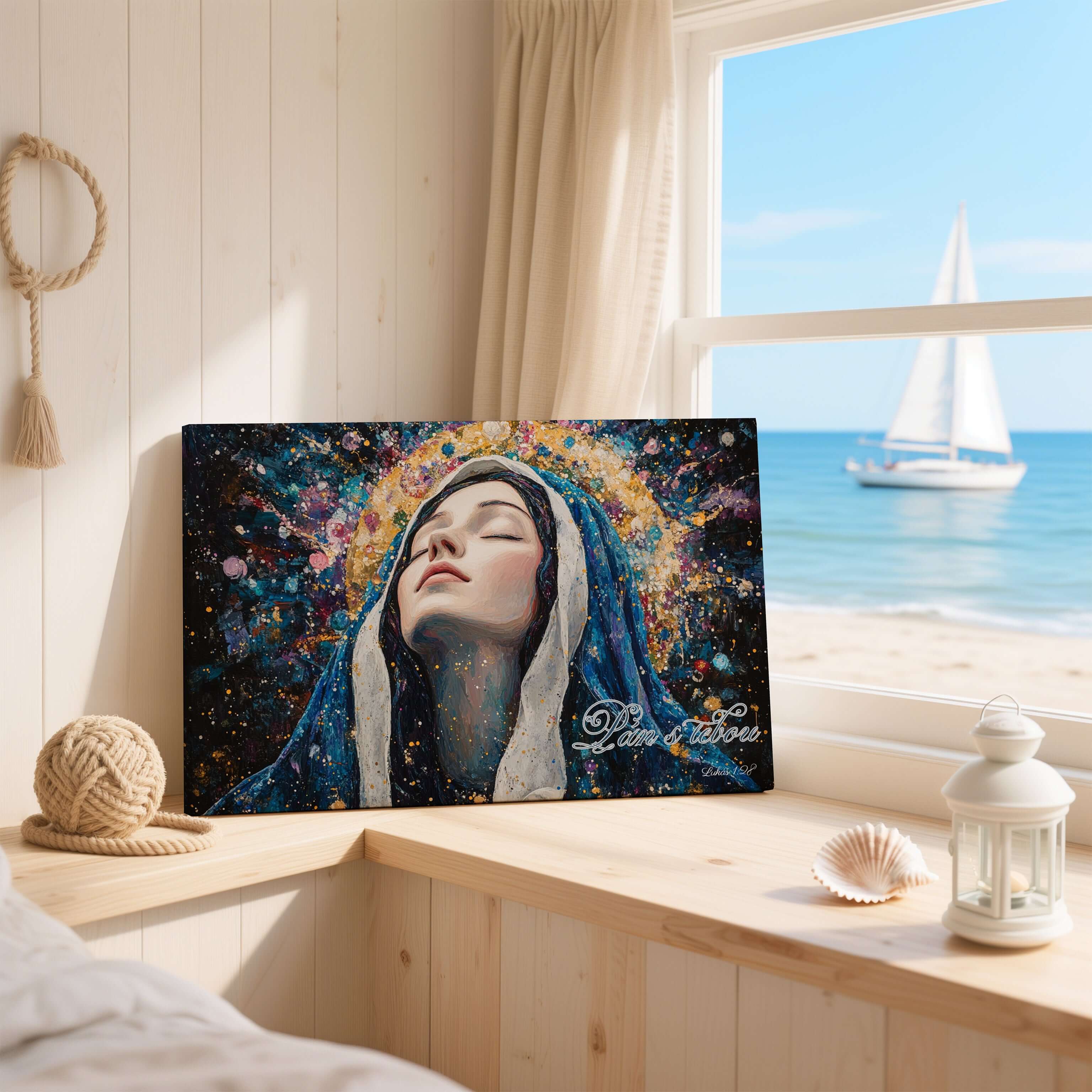 Obraz na stenu - Pán s tebou znázorňuje Máriu s modrou čiapkou a kvetinovým pozadím pri okne s výhľadom na more.