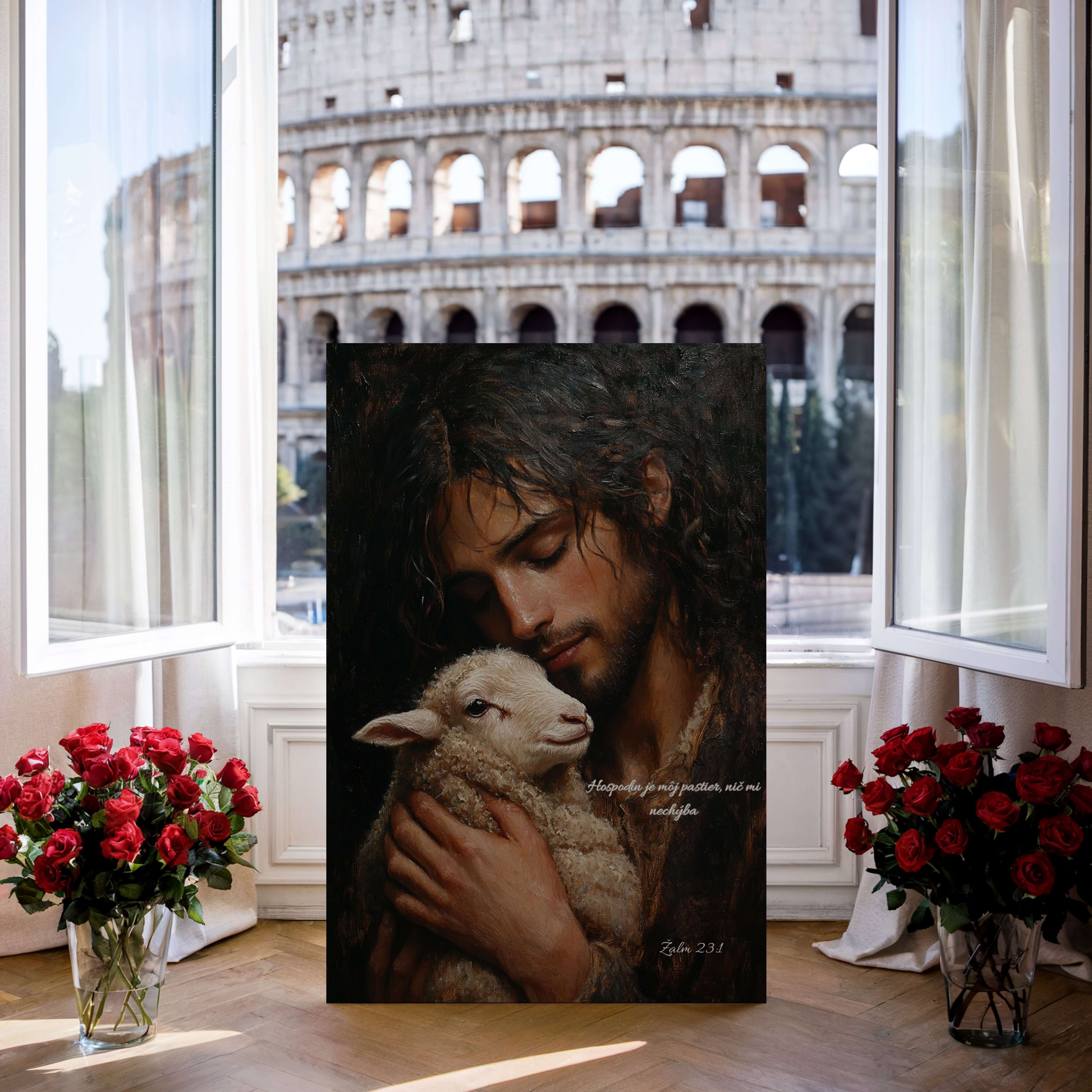 Obraz na stenu s textom "Hospodin je môj pastier, nič mi nechýba" a obrazom Ježiša s jahňaťom.