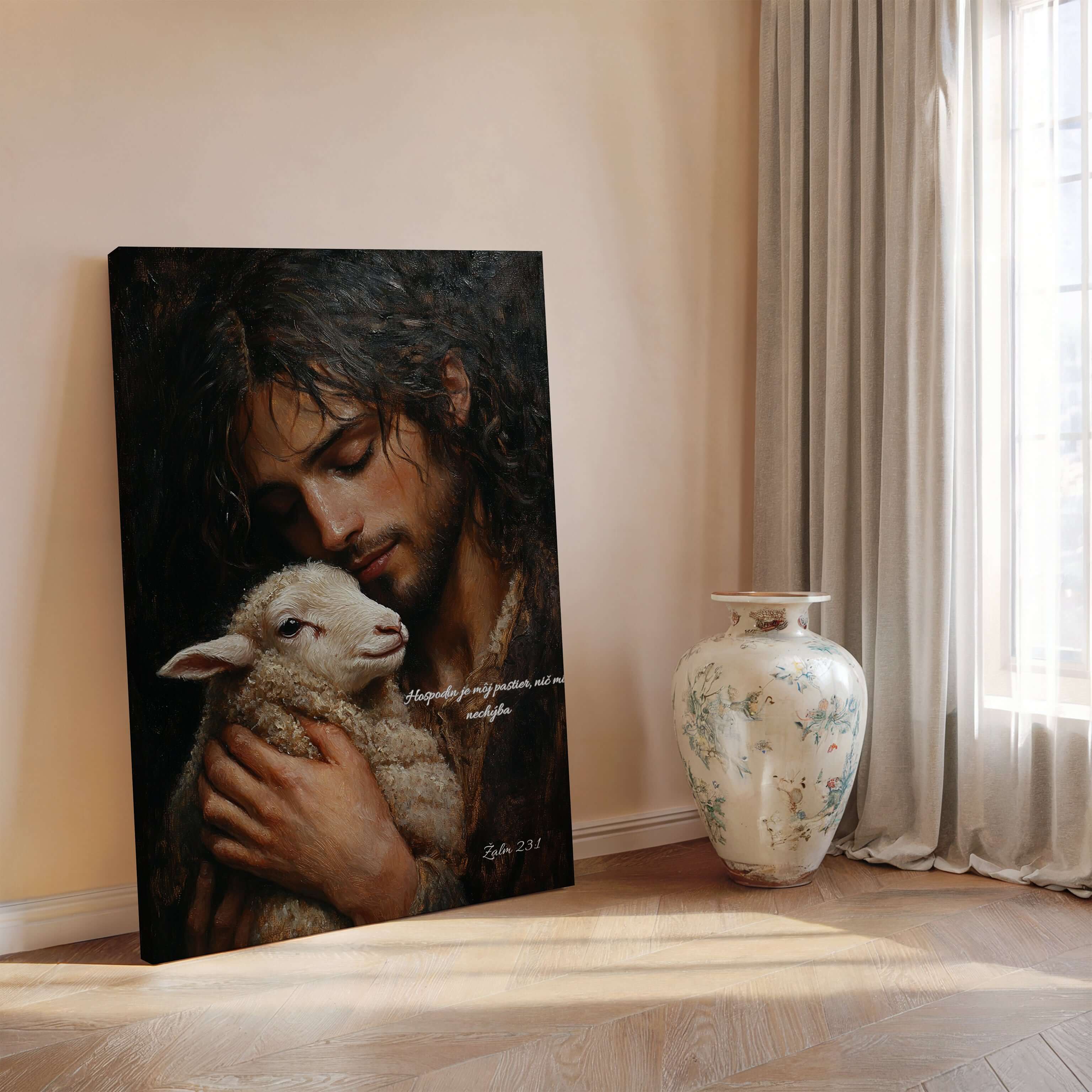 obraz na stenu s veršom Hospodin je môj pastier, ničo mi nechýba a obrazom Ježiša s ovečkou.