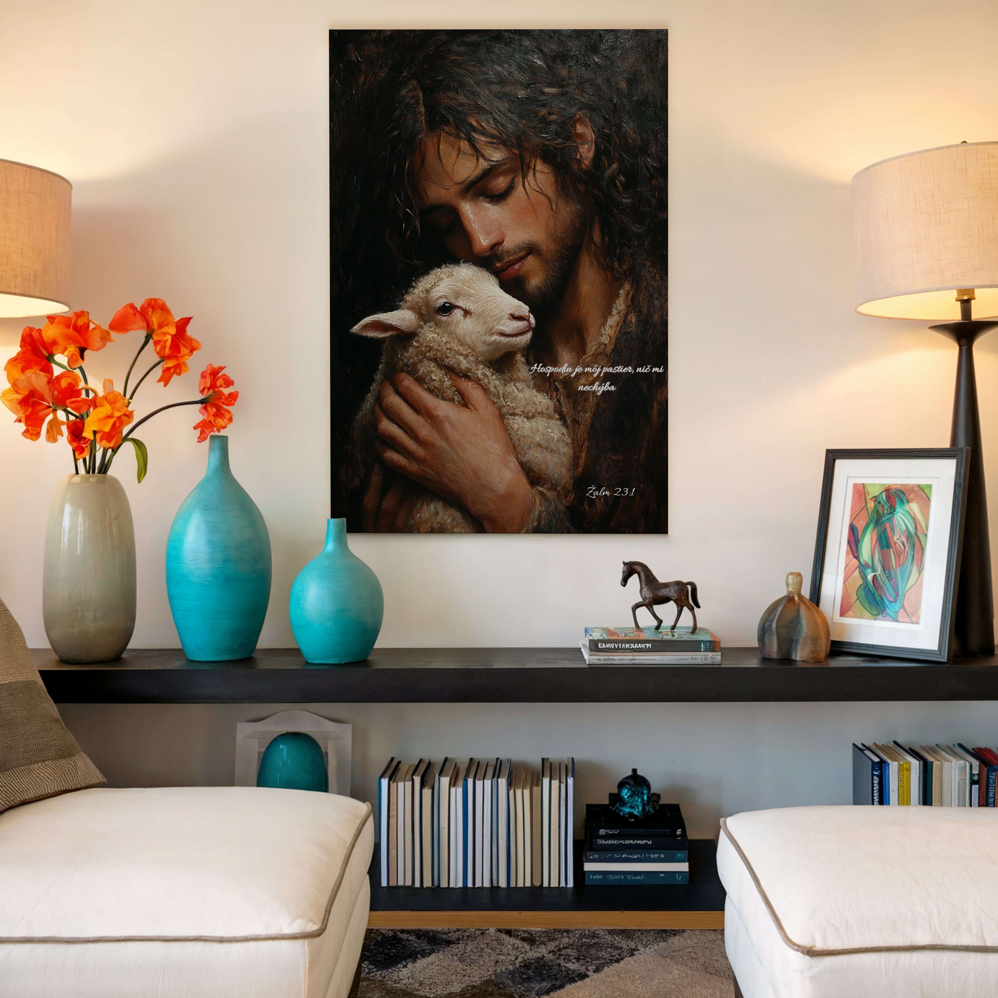 Obraz na stenu - Hospodin je môj pastier, nič mi nechýba vyjadrujúci duchovnú lásku, s Ježišom a baránkom.