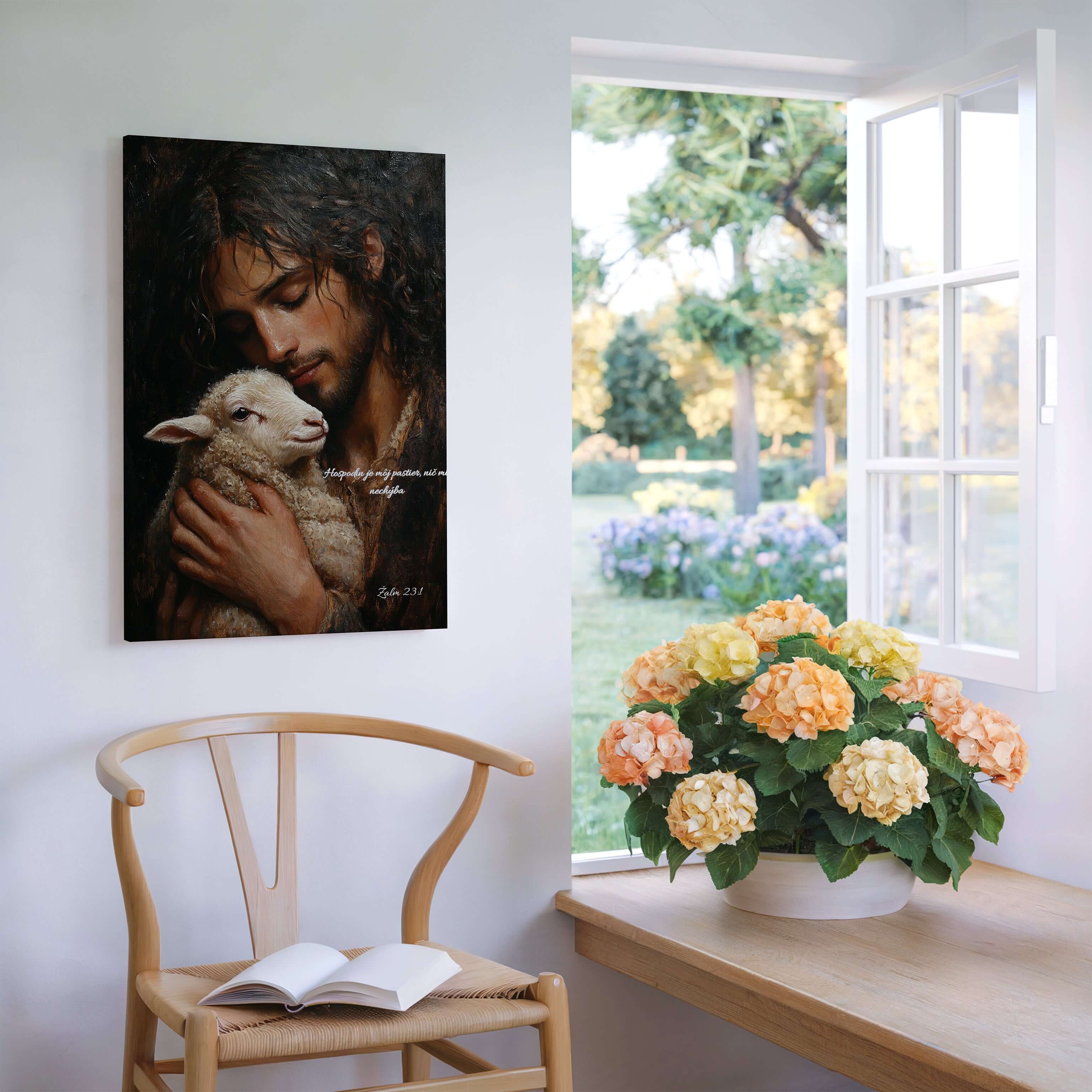 Obraz na stenu s veršom "Hospodin je môj pastier, nič mi nechýba" a postavou Ježiša s baránkom.