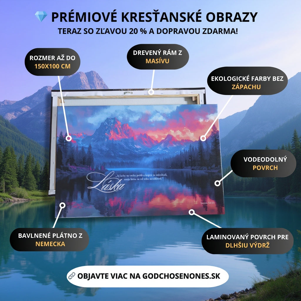 Obraz na stenu s nádherným motívom hory a jazera, drevený rám z masívu, ekologické farby, vodoodolný povrch.