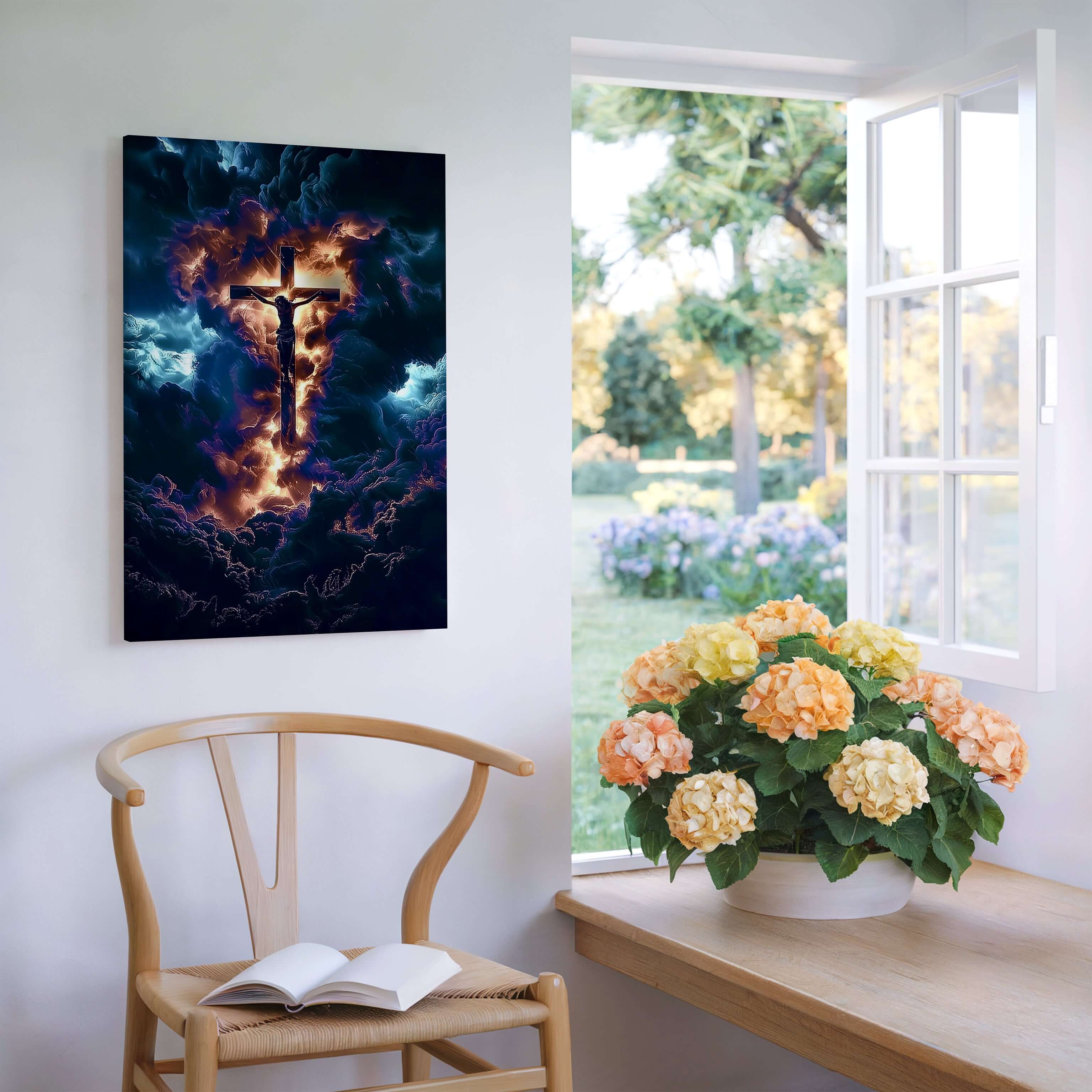 Obraz na stenu - KRÍŽ JEŽIŠA KRISTA -BOŽIE SVETLO V TEMNOTE na stene vedľa kvetinového záhonu a okna.