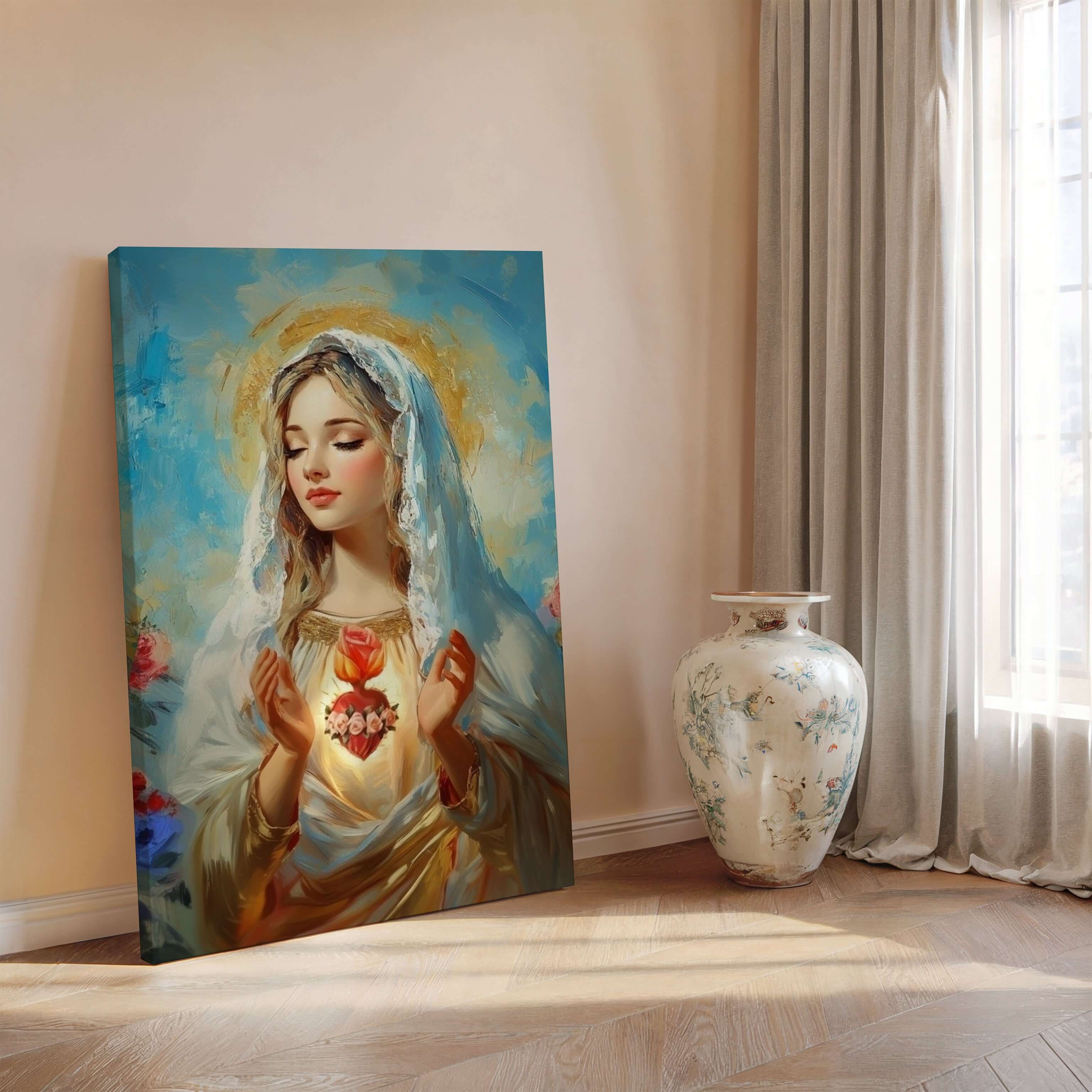 Obraz na stenu - Nepoškvrnené Srdce Panny Márie, zobrazenie Matky Božej so srdcom planúcim láskou.