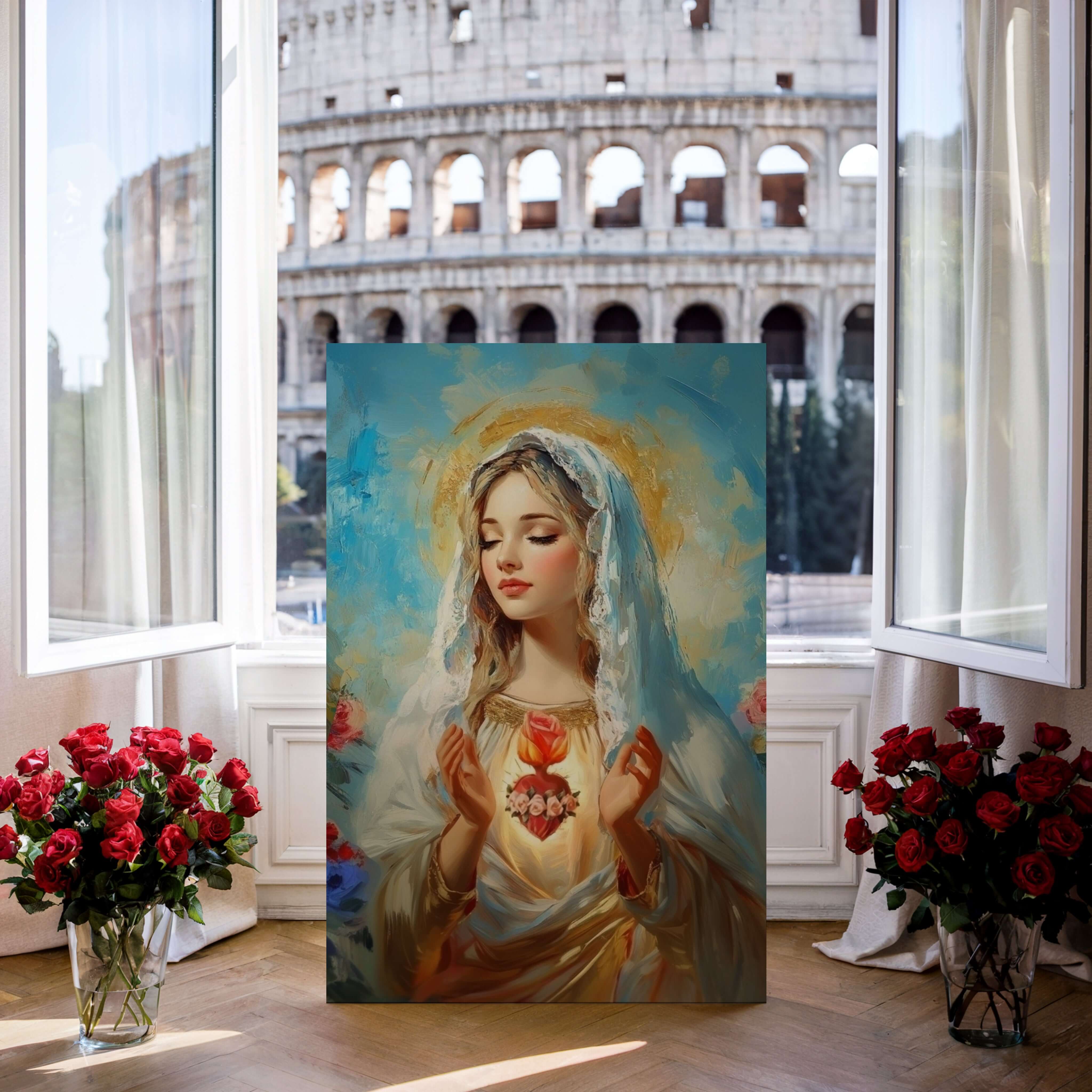 Obraz na stenu - Nepoškvrnené Srdce Panny Márie zobrazené v okne so svieže kvety.