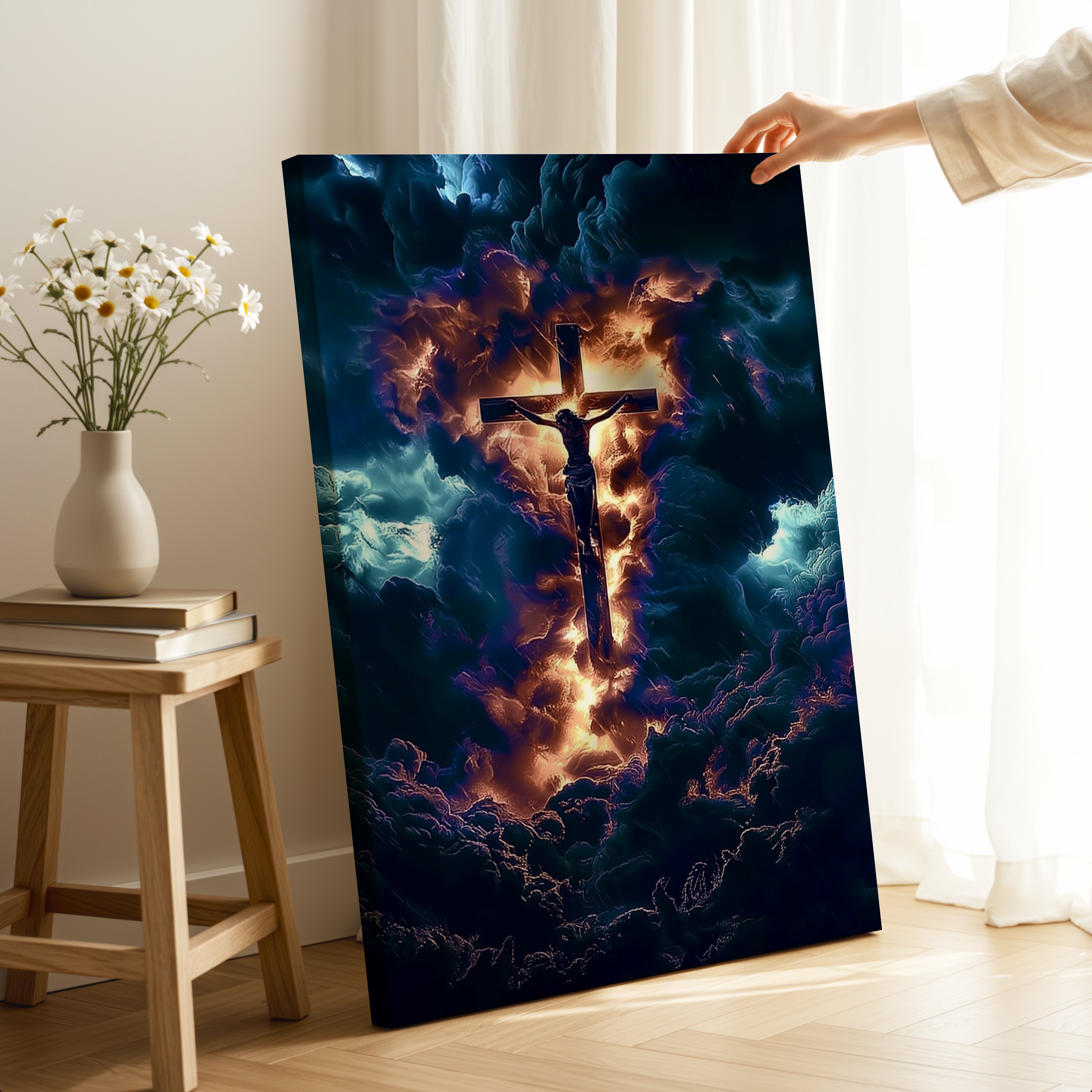 Obraz na stenu - Kríž Ježiša Krista s božským svetlom v temnote.