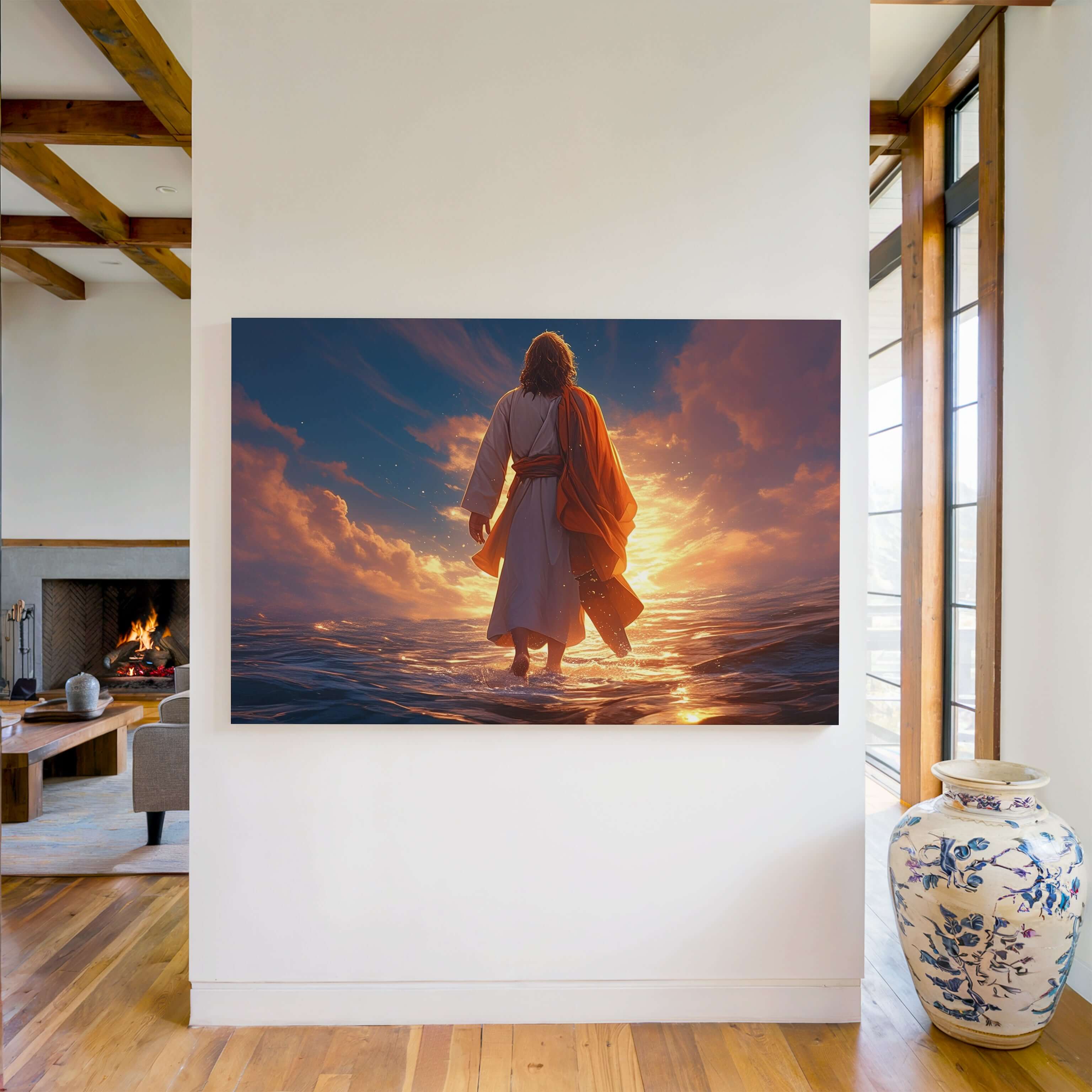 Obraz na stenu - Ježiš kráčajúci po vode zachytáva majestátny moment v dramatickom svetle pri západe slnka.