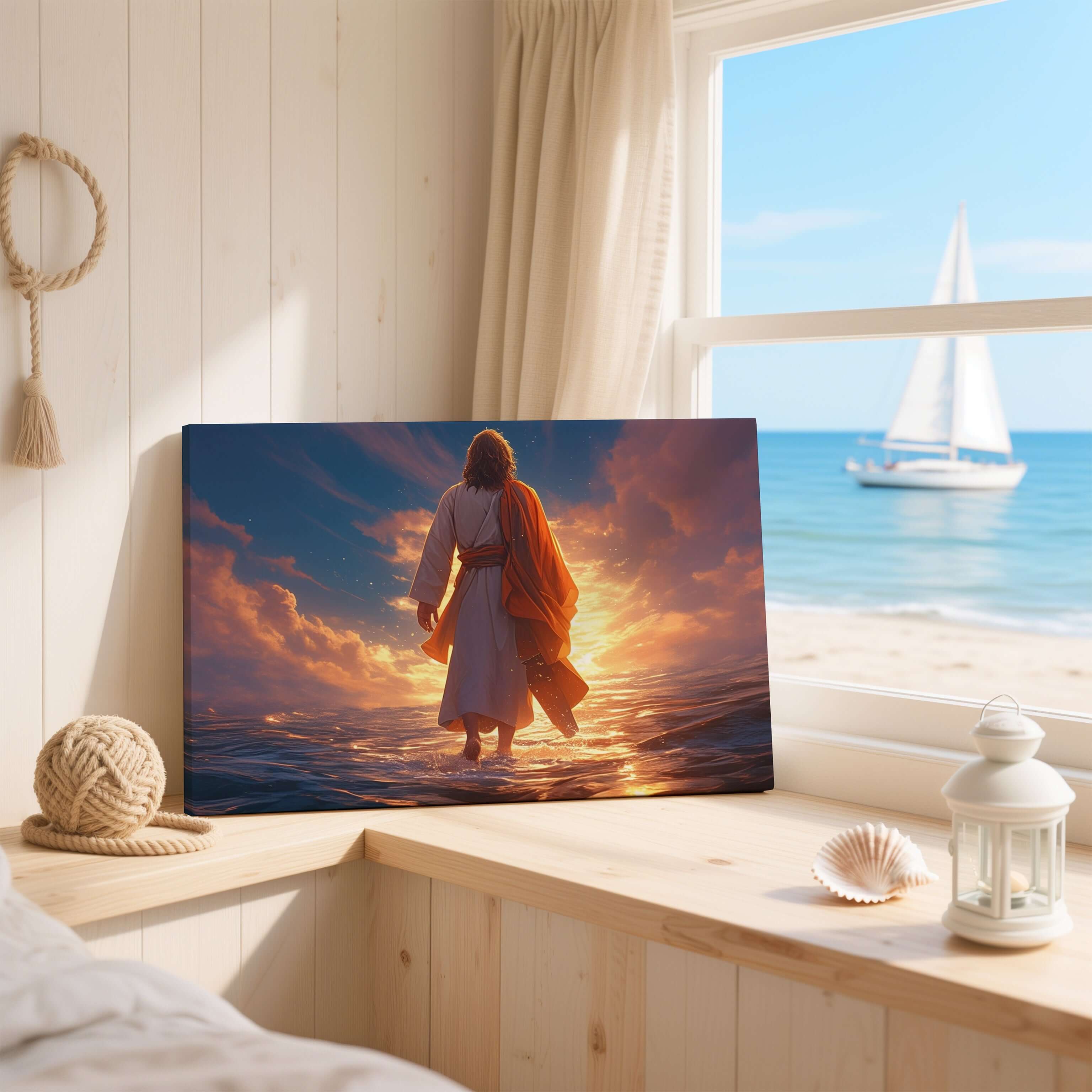 Obraz na stenu - Ježiš kráčajúci po vode zachytáva jeho postavu v dramatickom svetle neba a mora.