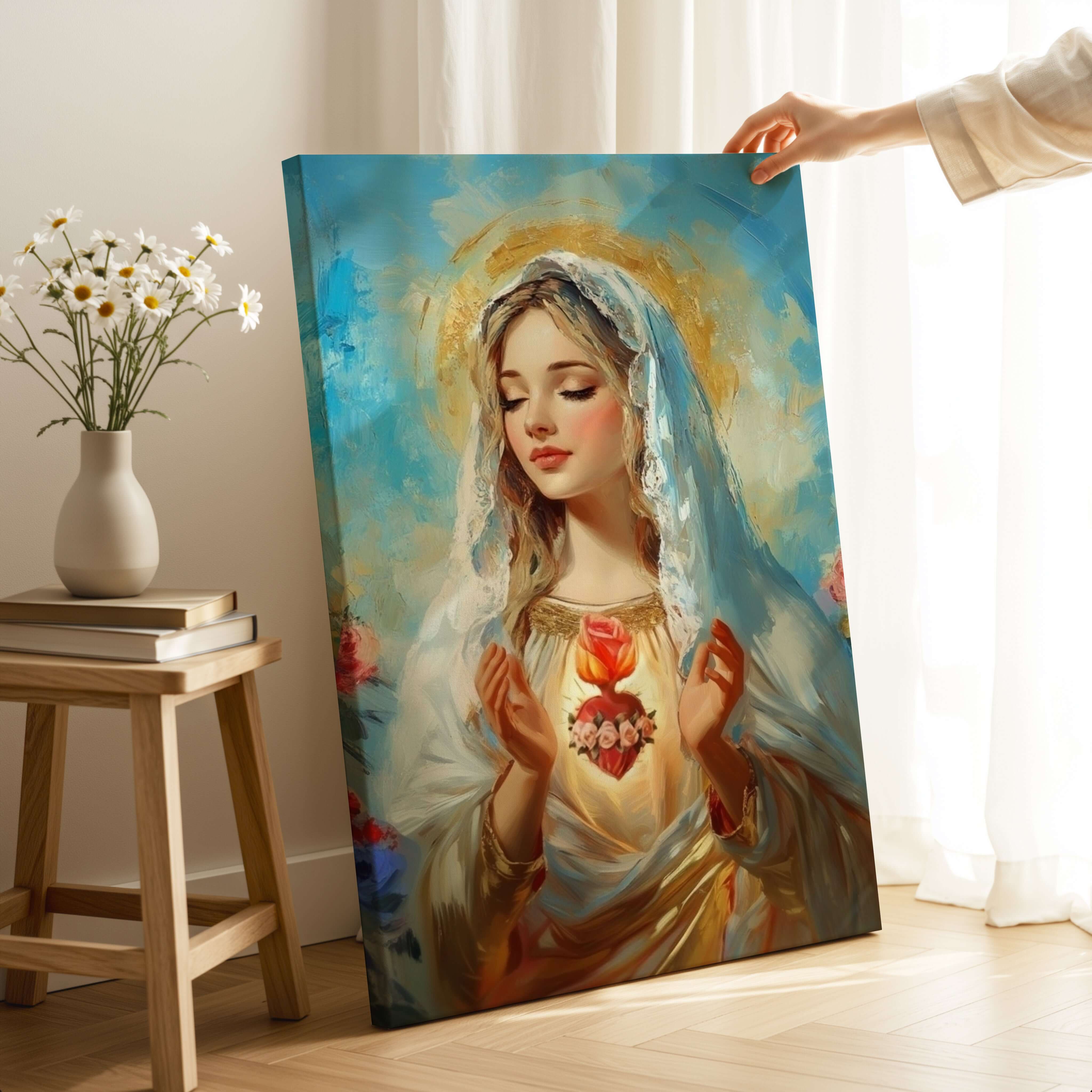 Obraz na stenu - Nepoškvrnené Srdce Panny Márie zobrazené v nebeskom svetle s pokojnou tvárou a láskyplným srdcom.