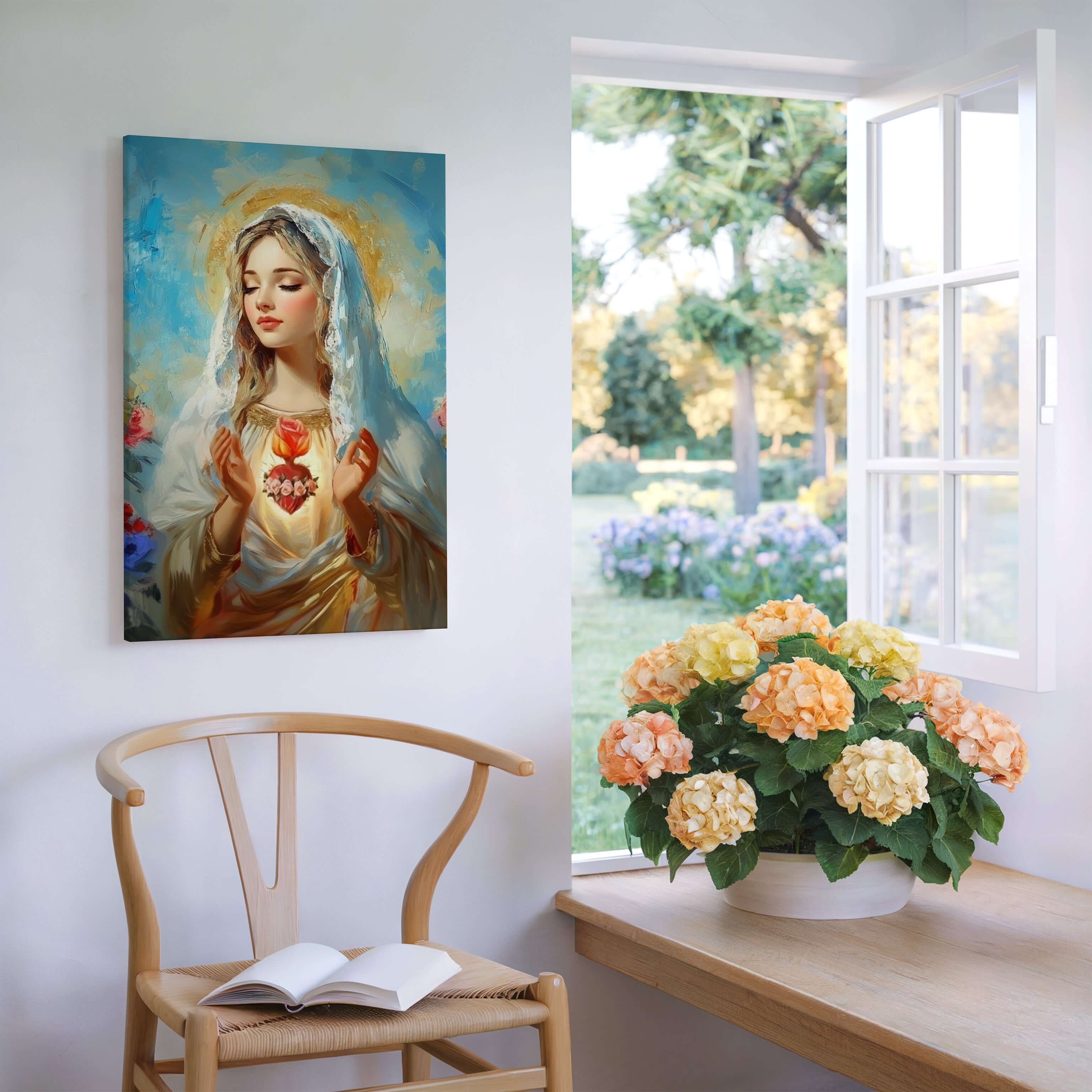 Obraz na stenu - Nepoškvrnené Srdce Panny Márie so ženou v náboženskom odeve a srdcom v rukách vedľa okna.