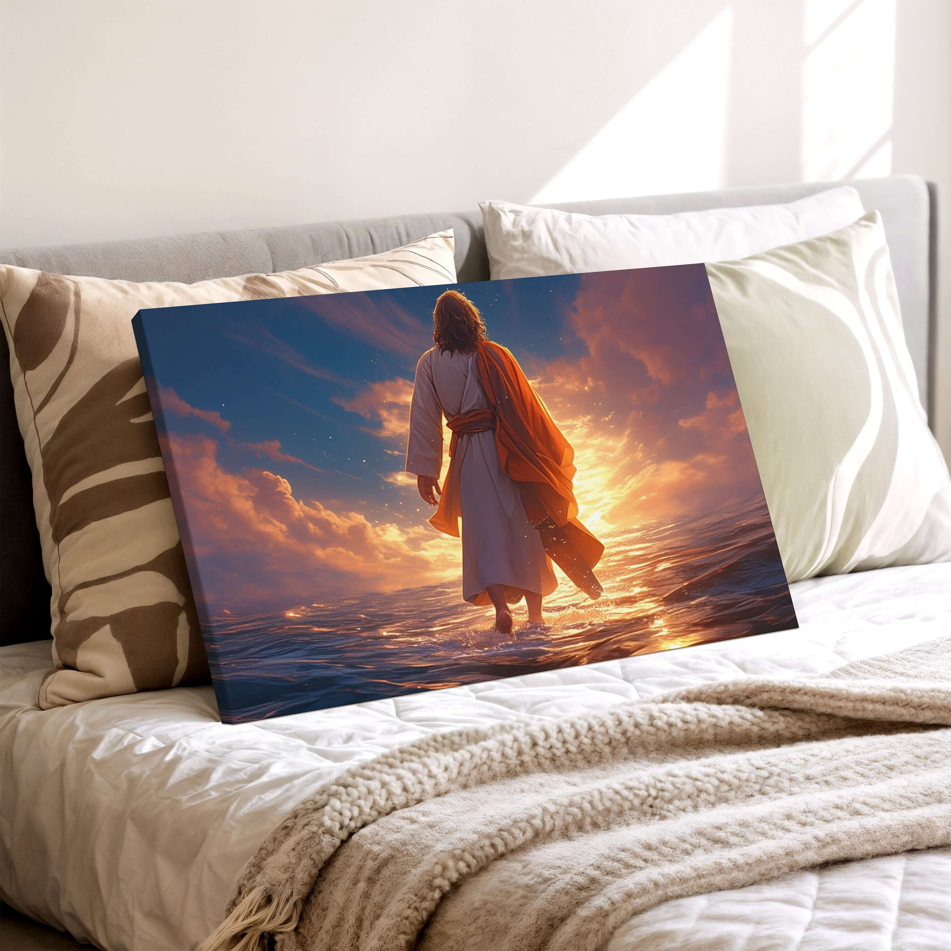 Obraz na stenu - Ježiš kráčajúci po vode s dramatickým svetlom na pozadí.