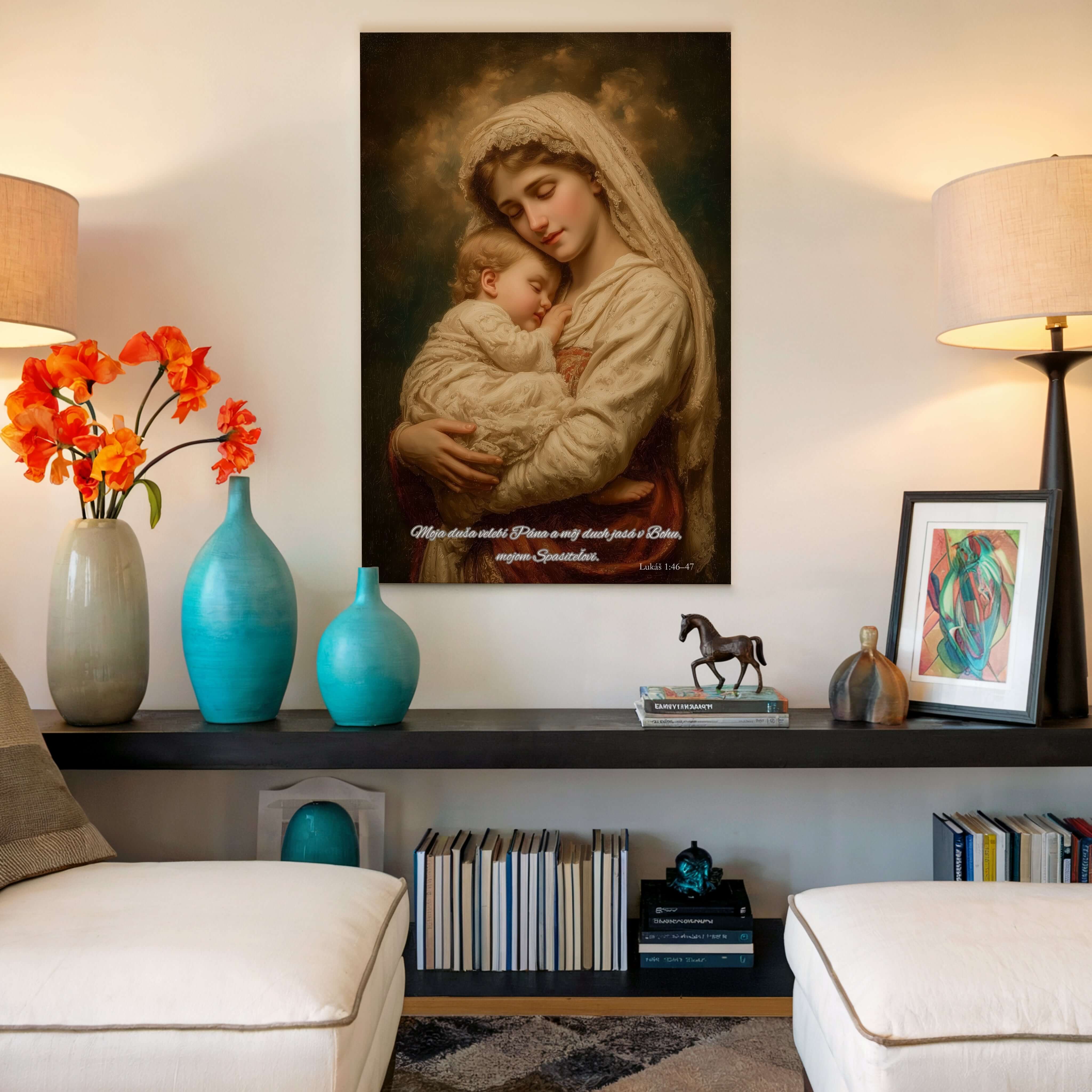 Obraz na stenu - Mária so Synom v náručí, vyžarujúci lásku a pokoj, dekorácia do interiéru.