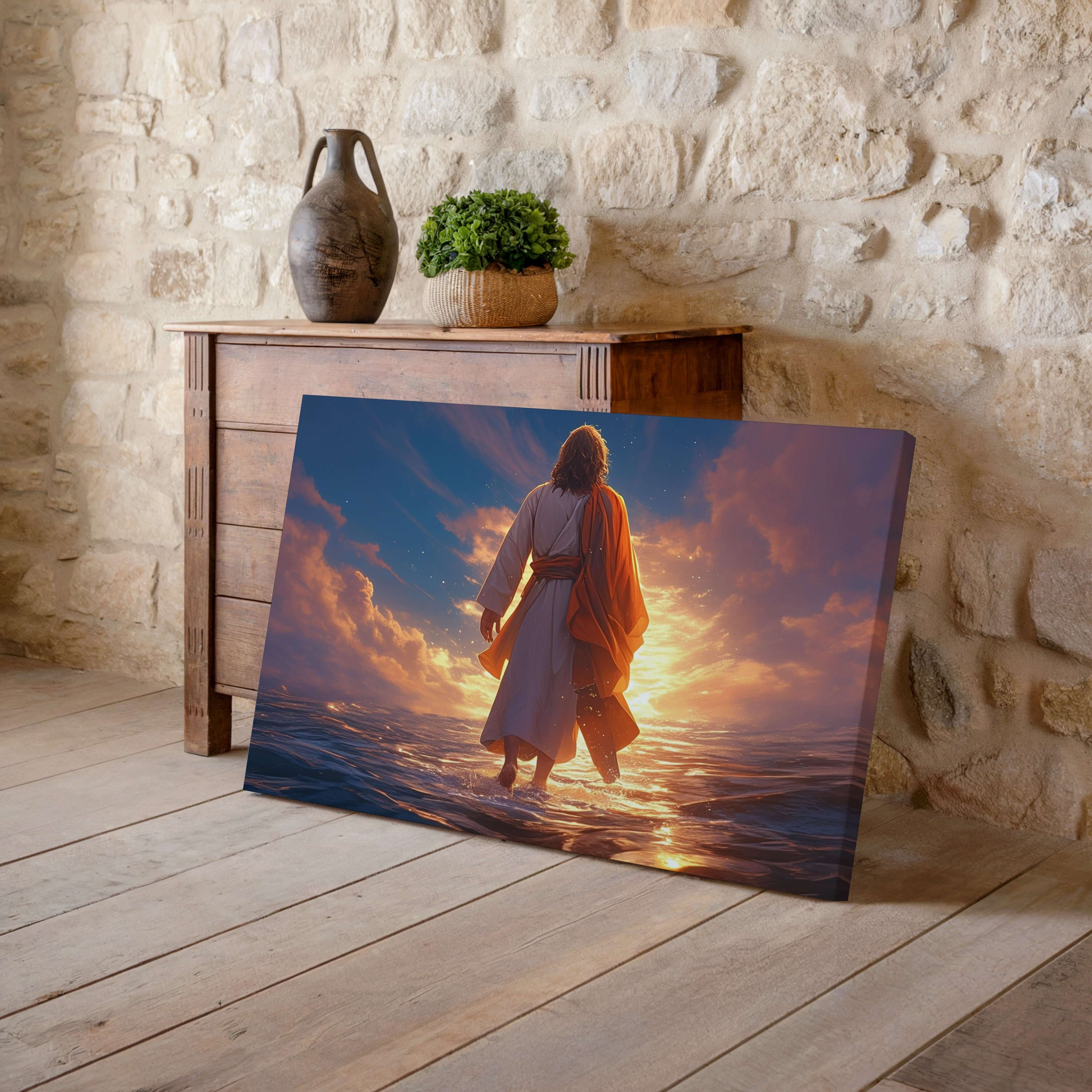 Obraz na stenu - Ježiš kráčajúci po vode s dramatickým svetlom na pozadí.