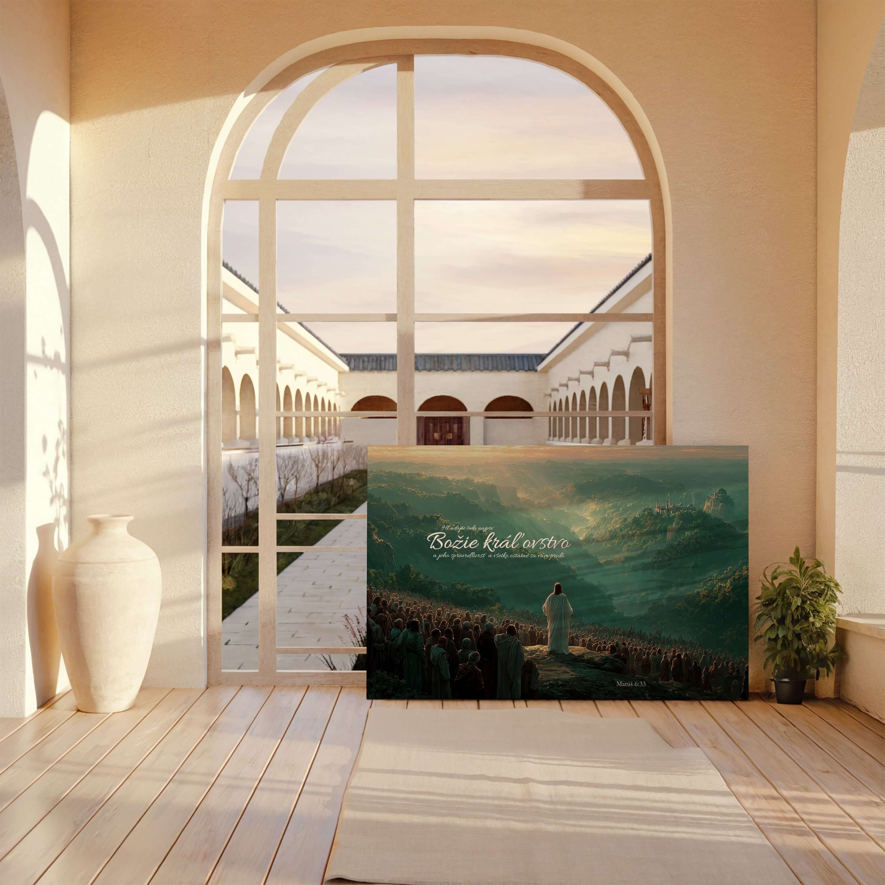 Obraz na stenu zobrazuje scenériu s nápisom Božie kráľovstvo, ideálny pre duchovný priestor.