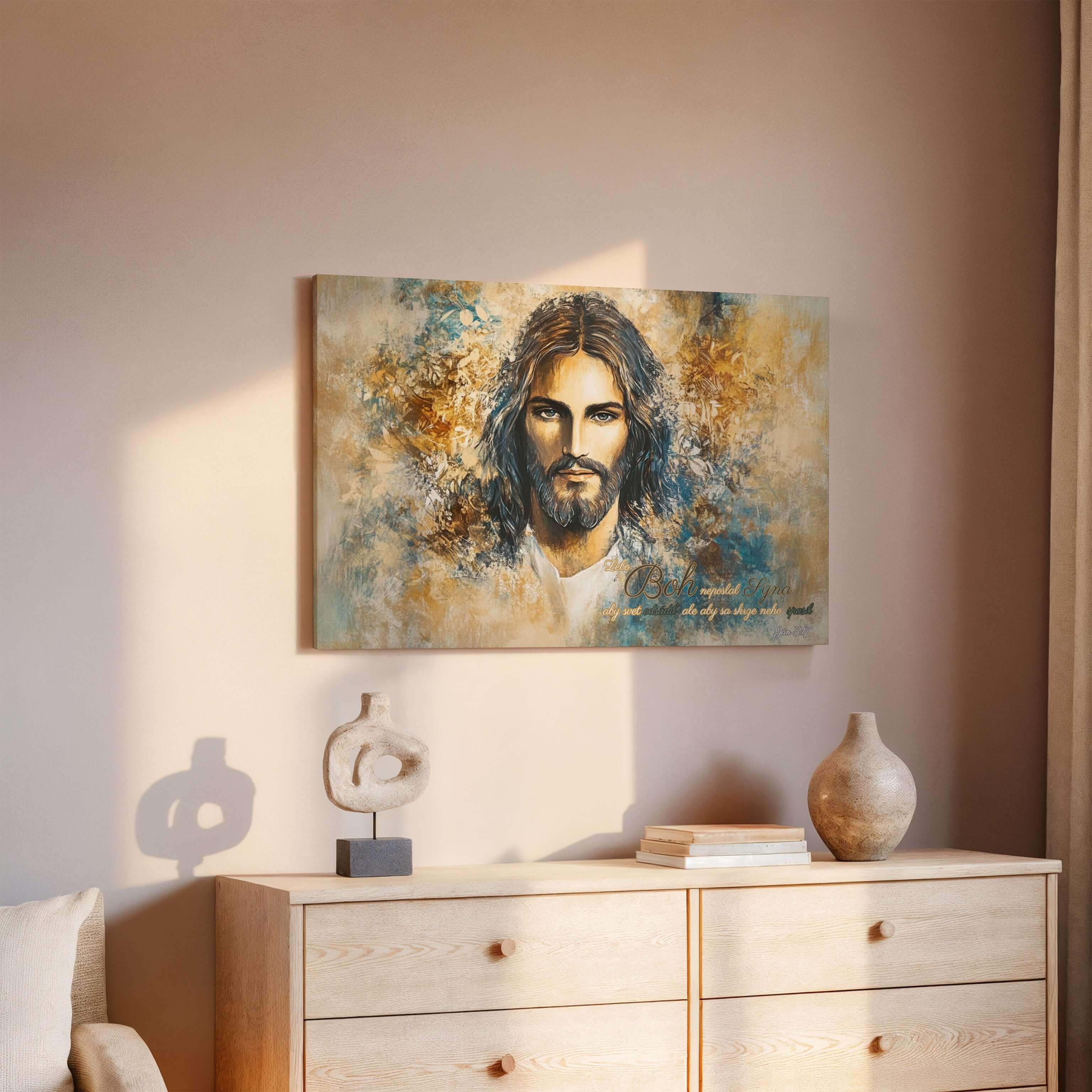 Obraz na stenu zobrazuje Ježiša Krista na farebnom pozadí, ideálny ako duchovná dekorácia.