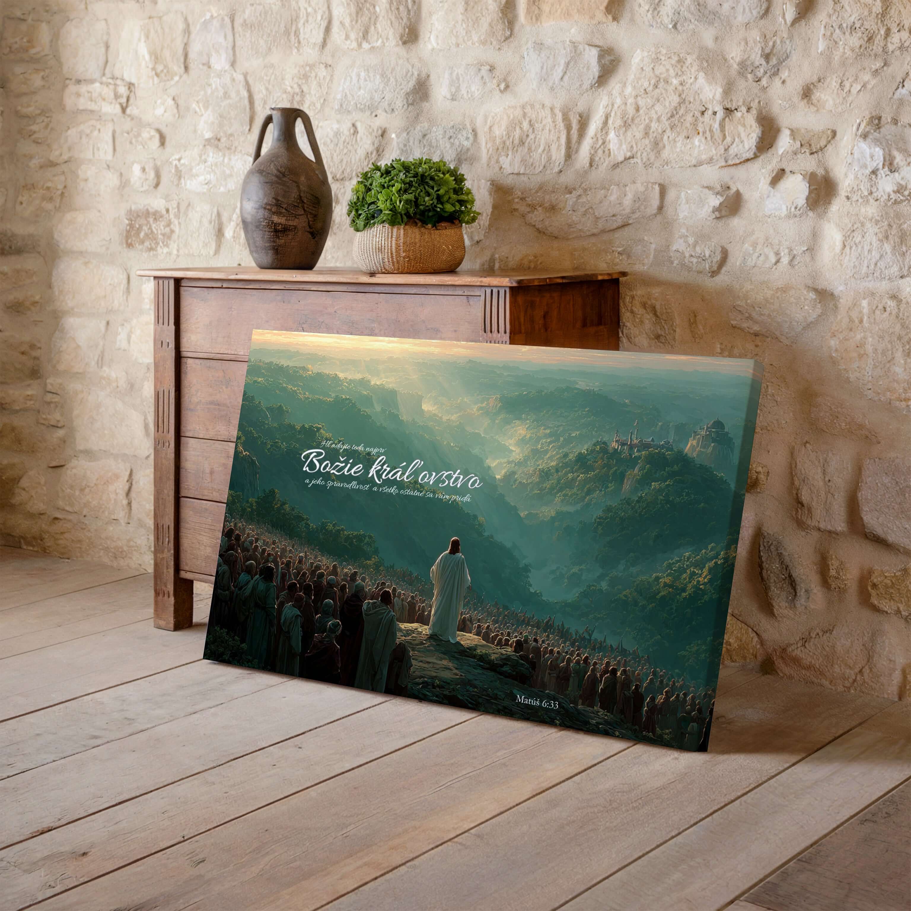 Obraz na stenu s motívom Božieho kráľovstva a biblickým veršom Matúš 6:33.
