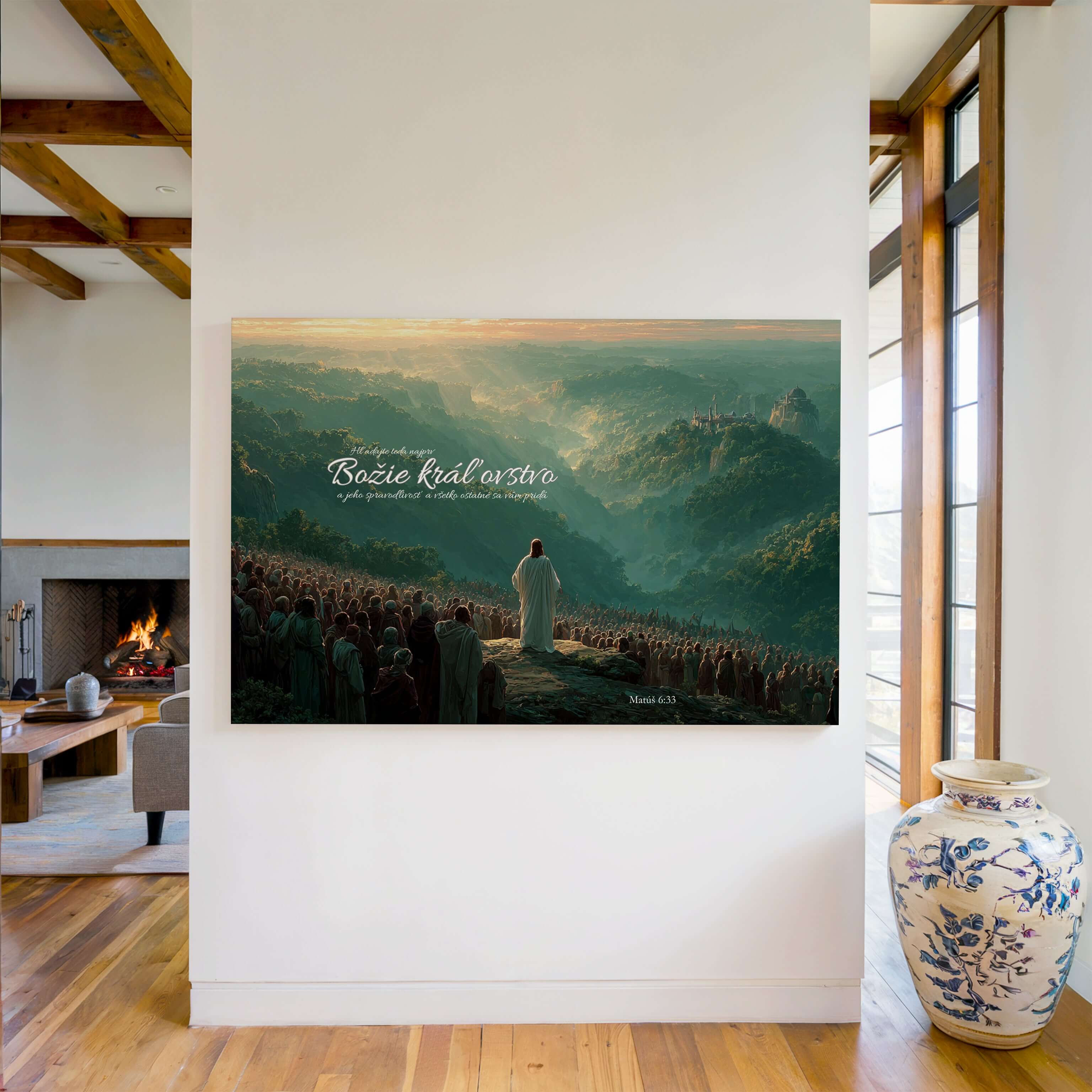 Obraz na stenu s biblickým veršom o Božom kráľovstve na stene v moderne zariadenej miestnosti.