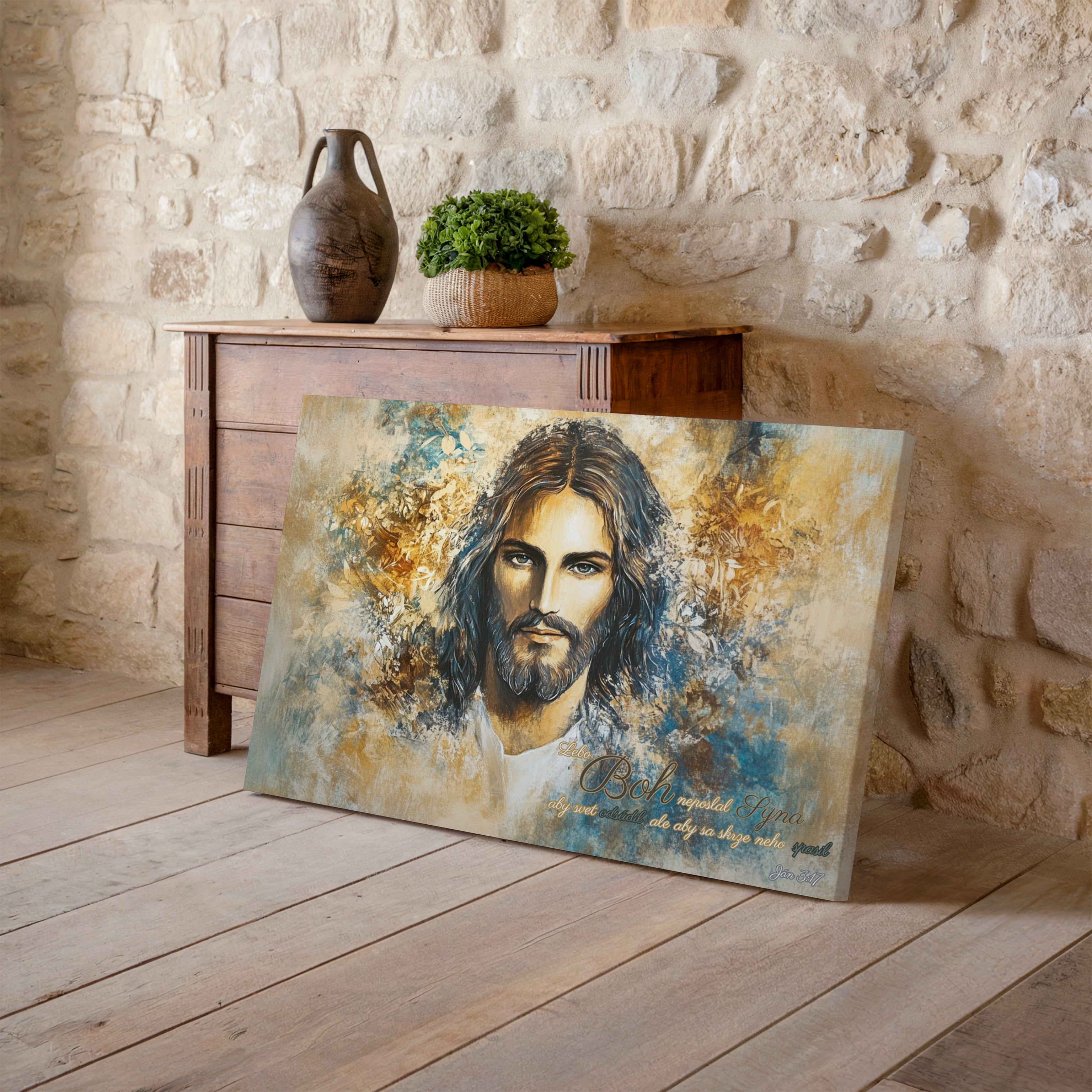 Obraz na stenu zobrazuje Ježiša Krista s duchovným posolstvom na pozadí farebného umeleckého diela.
