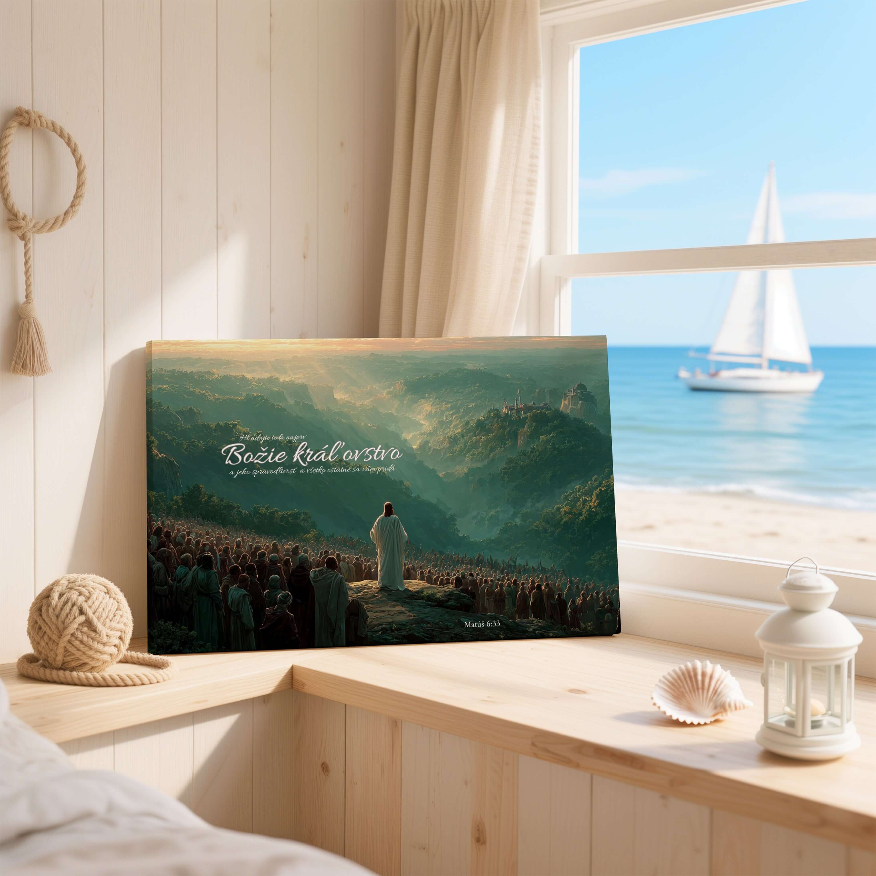 Obraz na stenu s Ježišom a textom „Hľadajte teda najprv Božie kráľovstvo“ pri okne s výhľadom na more.