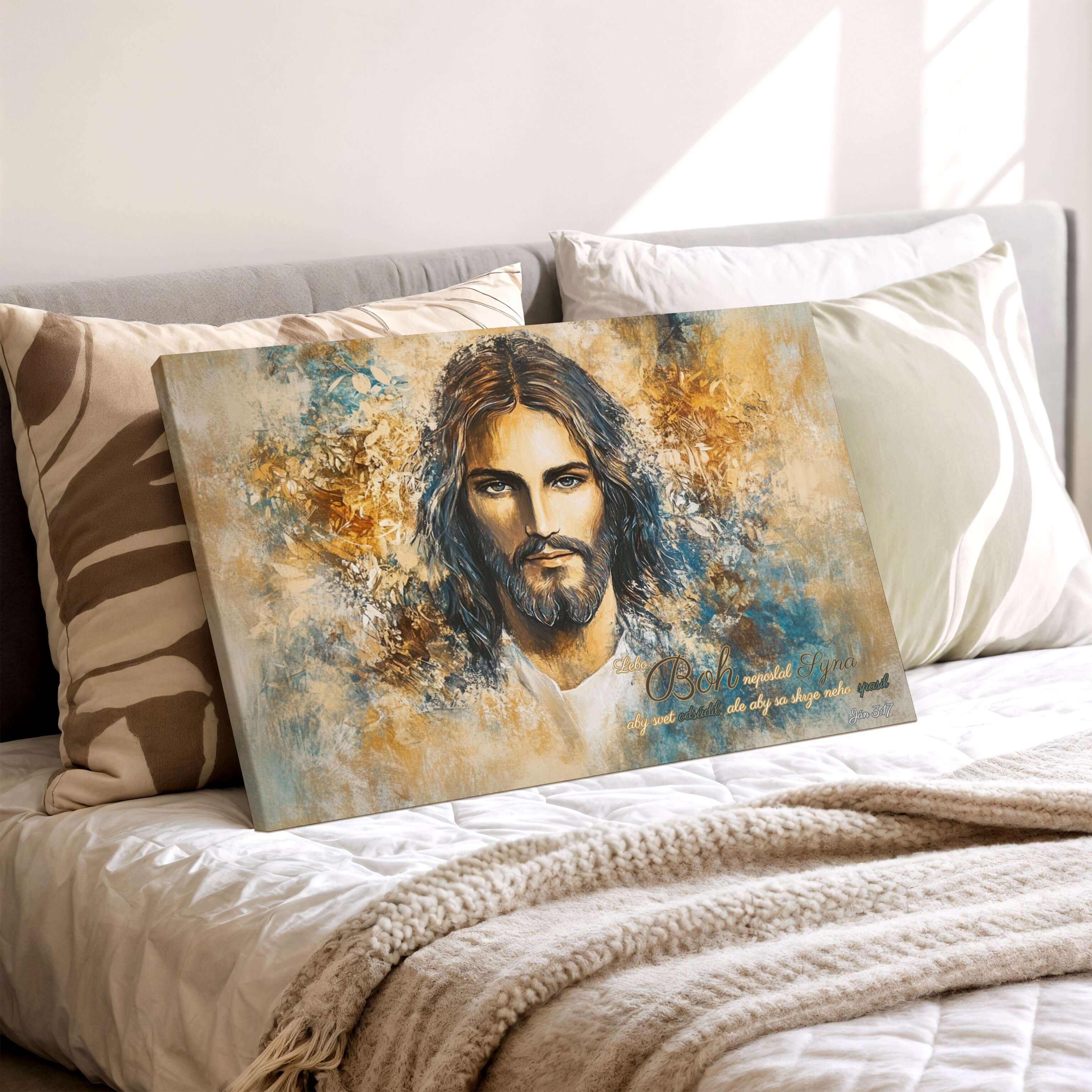 Obraz na stenu - Lebo Boh neposlal Syna na svet - Ján 3:17, zobrazenie Ježiša na vankúšoch na posteľ.