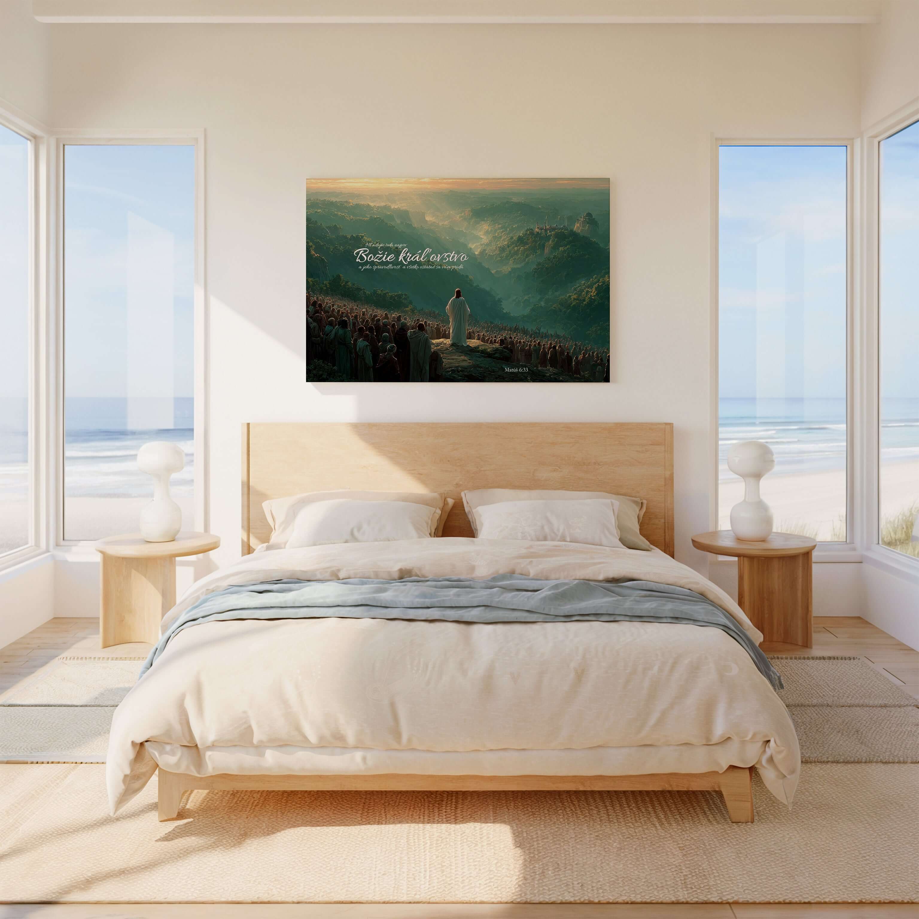 Obraz na stenu s motívom duchovného inšpirácie v moderne zariadenej spálni pri okne s výhľadom na more.