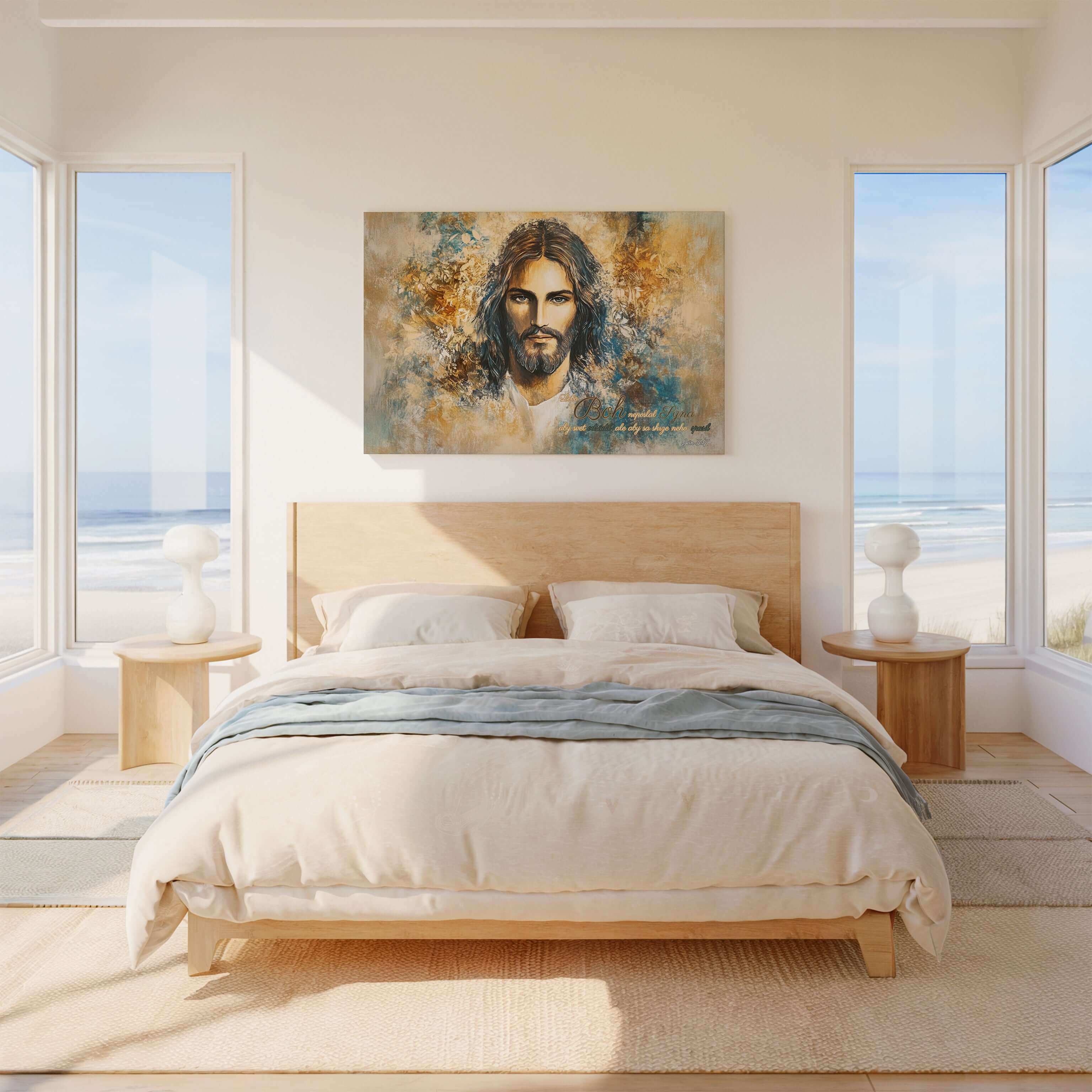 Obraz na stenu - Lebo Boh neposlal Syna na svet - Ján 3:17 v modernom interiéri spálne s výhľadom na more.