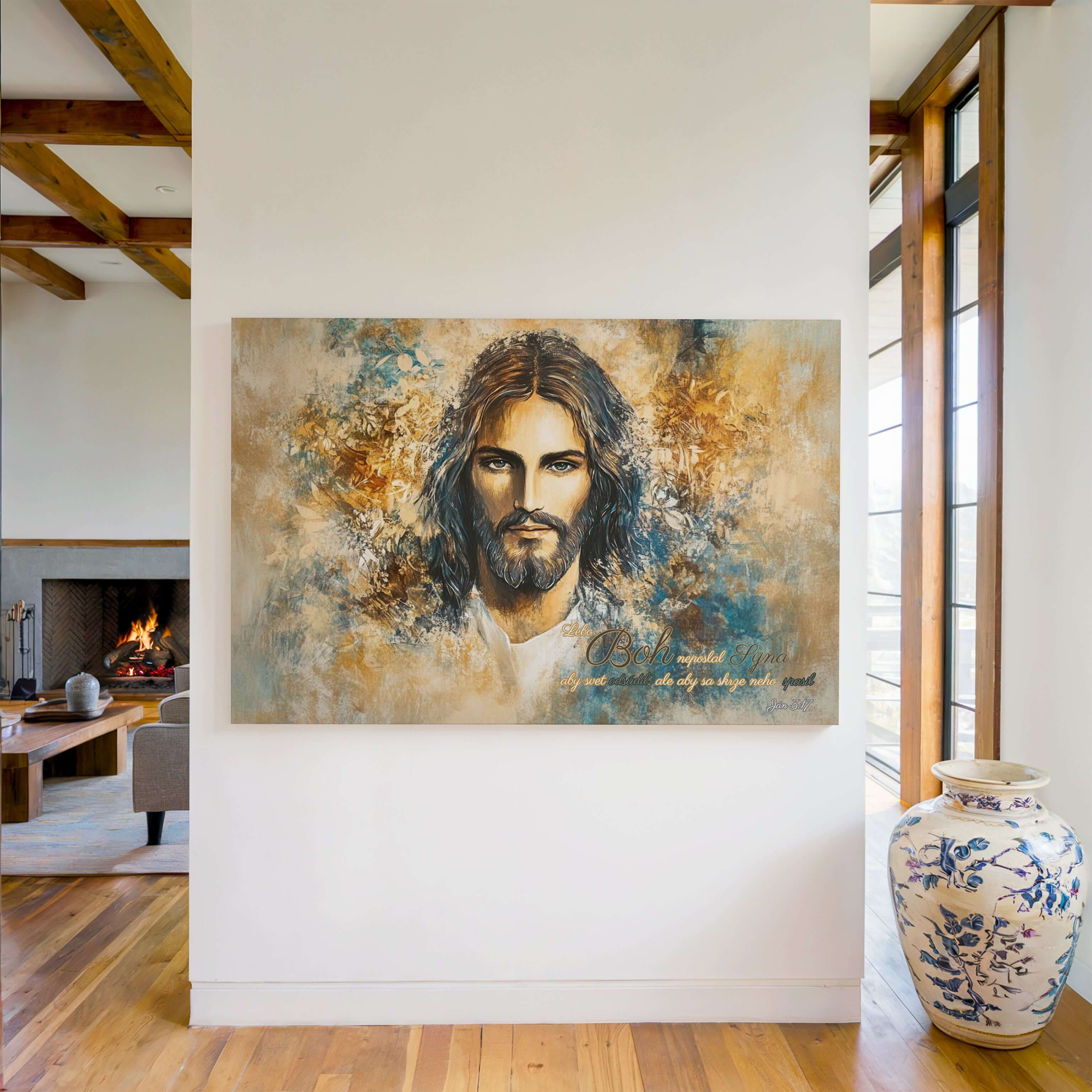 Obraz na stenu - Lebo Boh neposlal Syna na svet - Ján 3:17 v modernom interiéri.