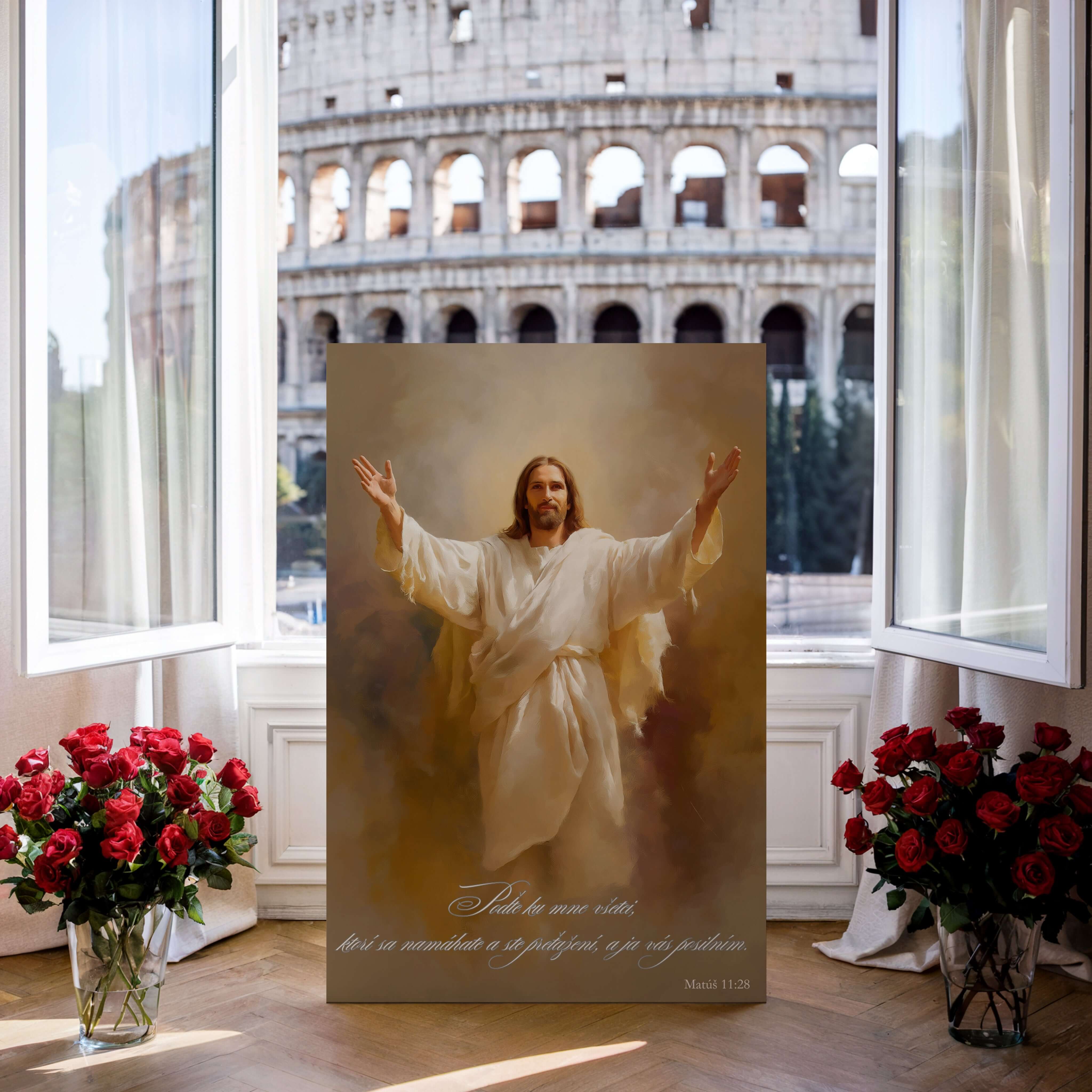 Obraz na stenu - Poďte ku mne všetci, ktorí sa namáhate s veršom Matúš 11:28 a koloseum v pozadí.