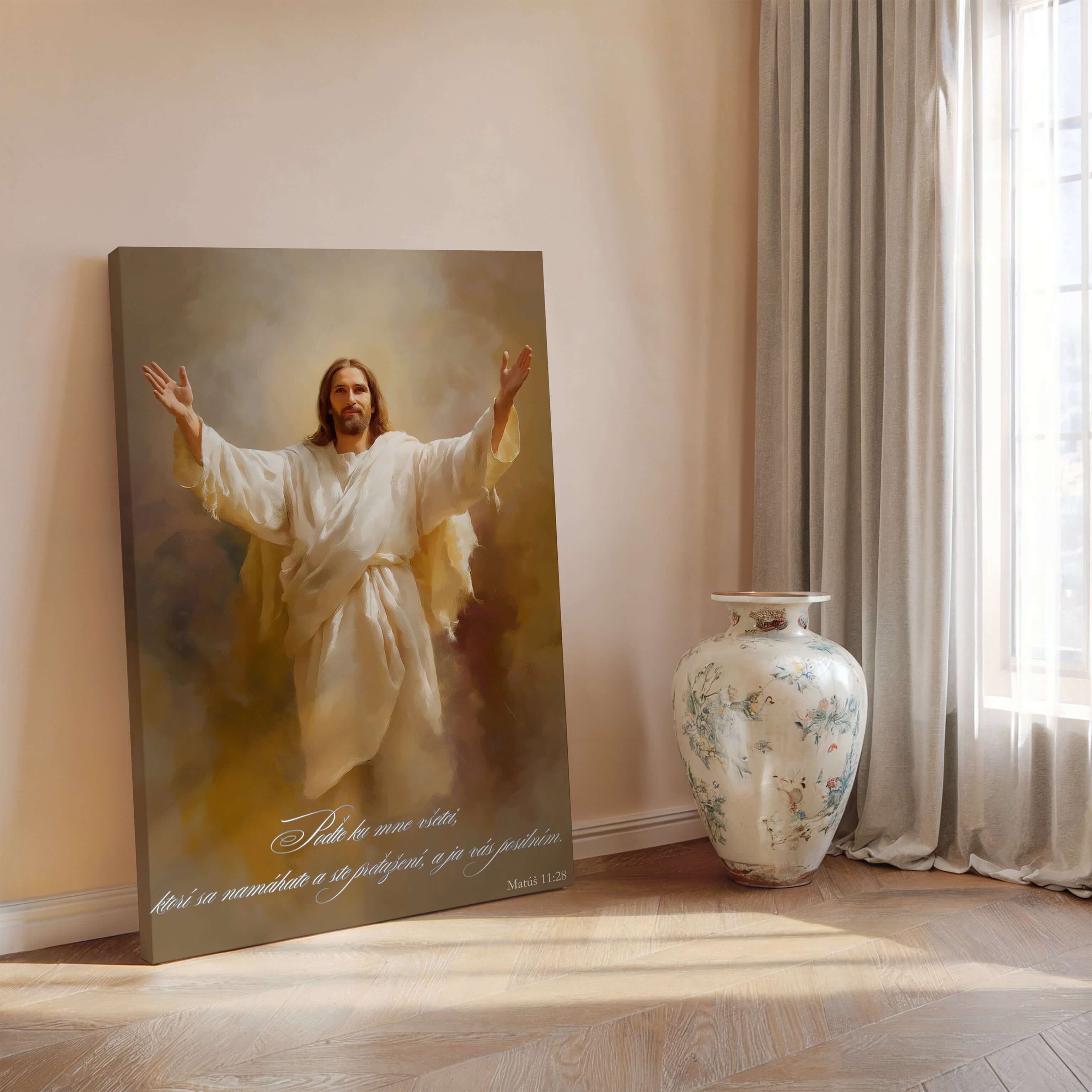 Obraz na stenu - Poďte ku mne všetci, ktorí sa namáhate, Matúš 11:28 v útulnom interiéri.