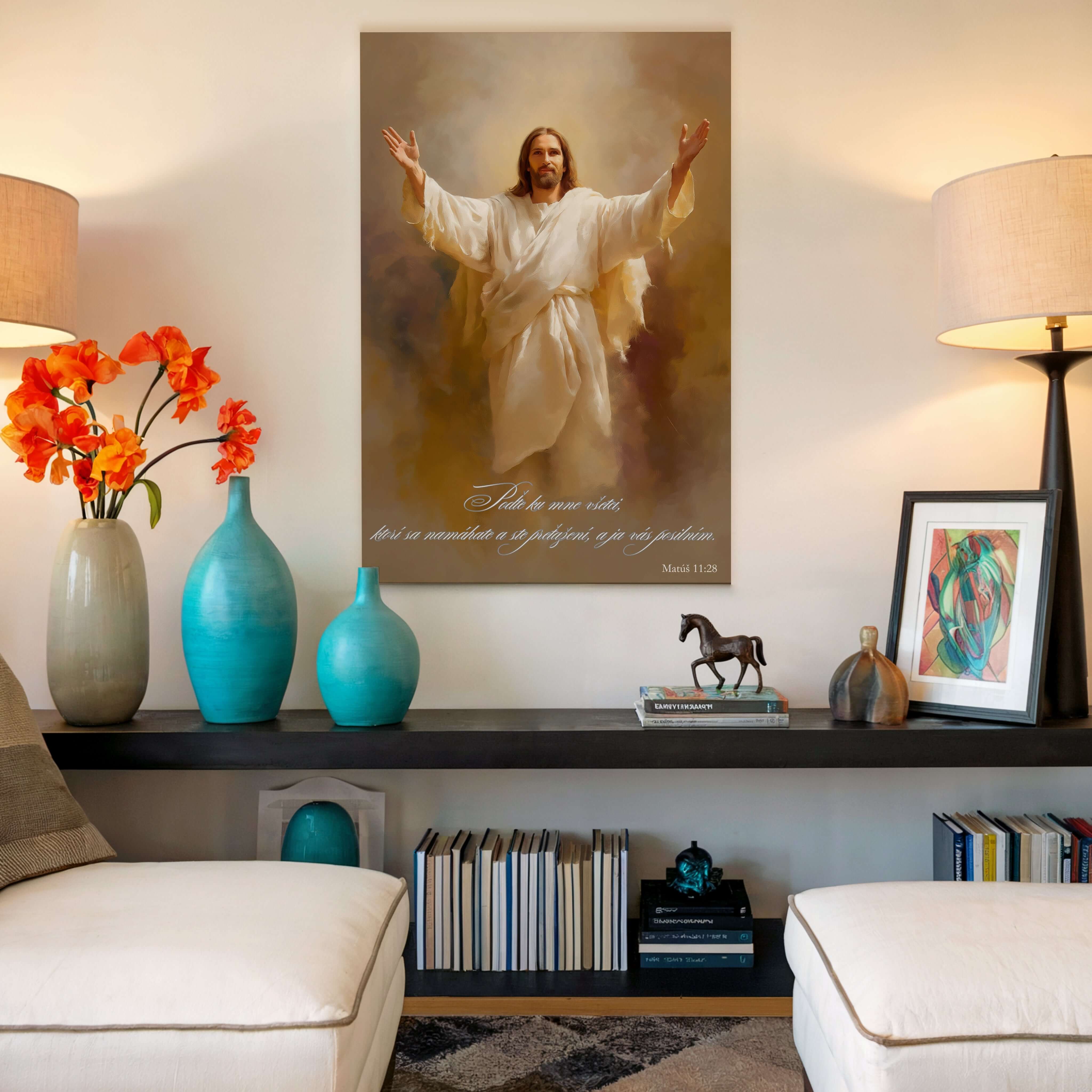 obraz na stenu s biblickým veršom Matúš 11:28, zobrazenie Ježiša s otvorenými rukami, moderný interiér