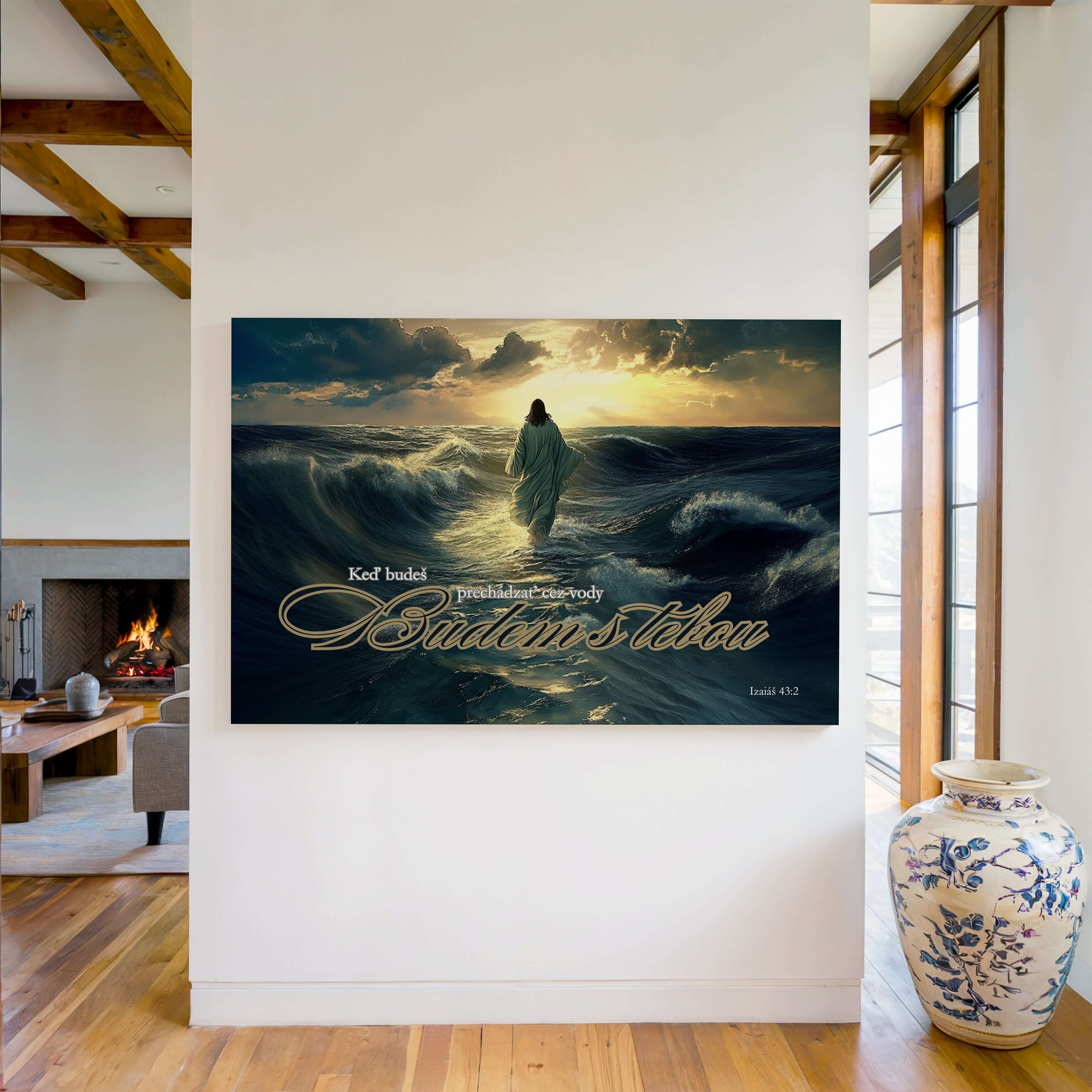 Obraz na stenu - Keď budeš prechádzať cez vody, budem s tebou – Izaiáš 43:2 v interiéri s moderným dizajnom.