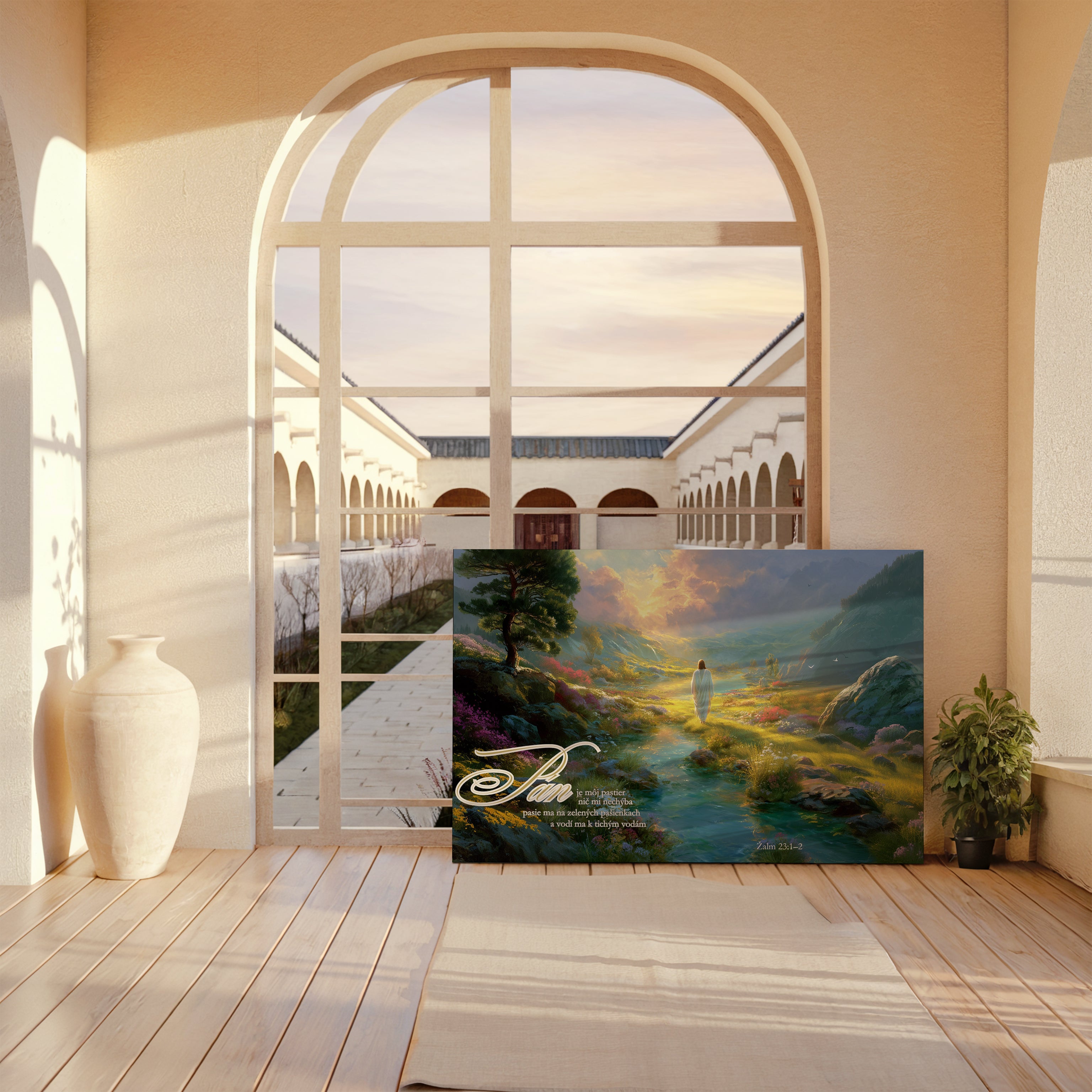 Obraz na stenu - Pán je môj pastier v príjemnom interiéri s prírodnou scenériou.