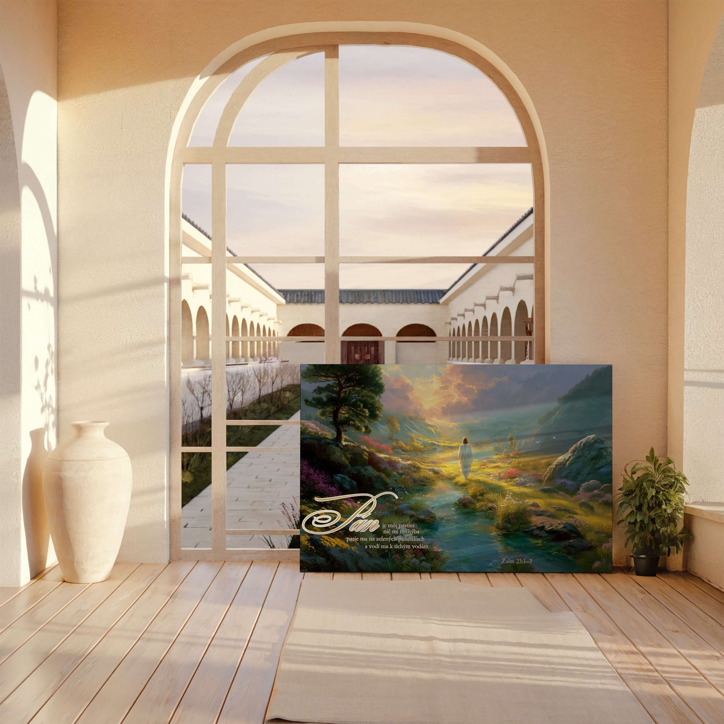 Obraz na stenu - Pán je môj pastier v príjemnom interiéri s prírodnou scenériou.